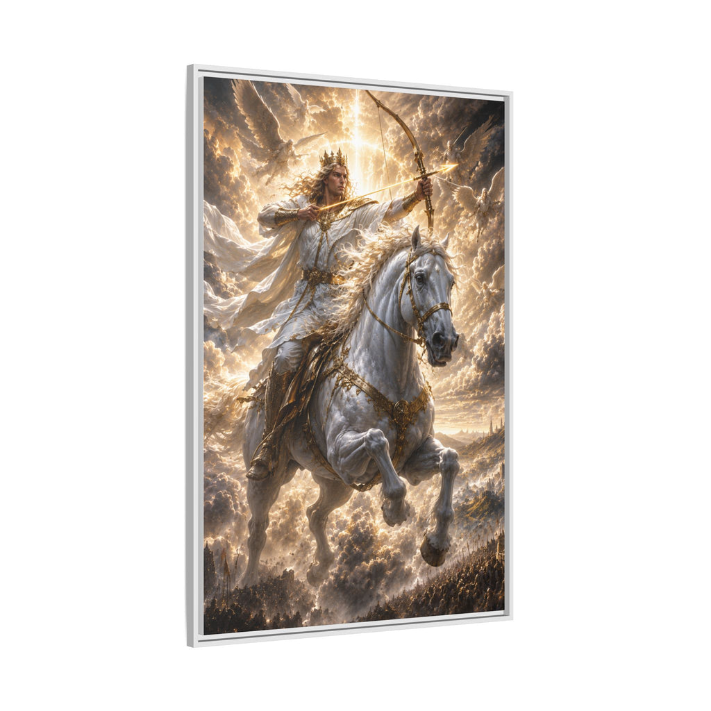 Mythic Warrior on White Steed — Framed Matte Canvas Wall Art