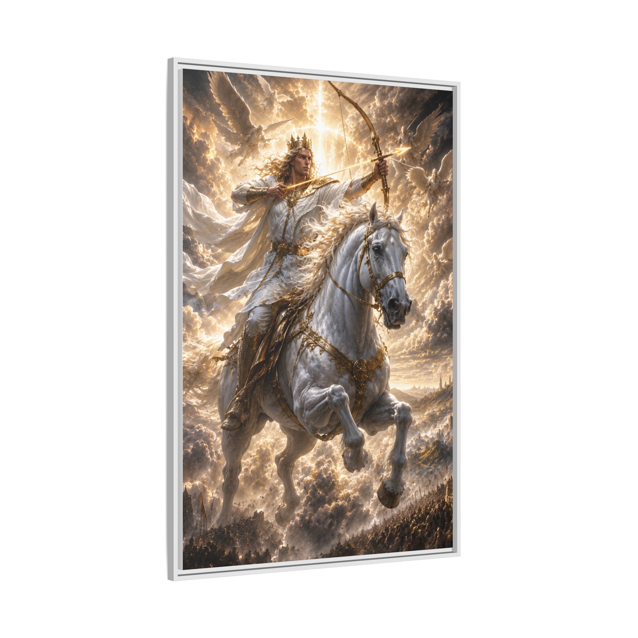 Mythic Warrior on White Steed — Framed Matte Canvas Wall Art