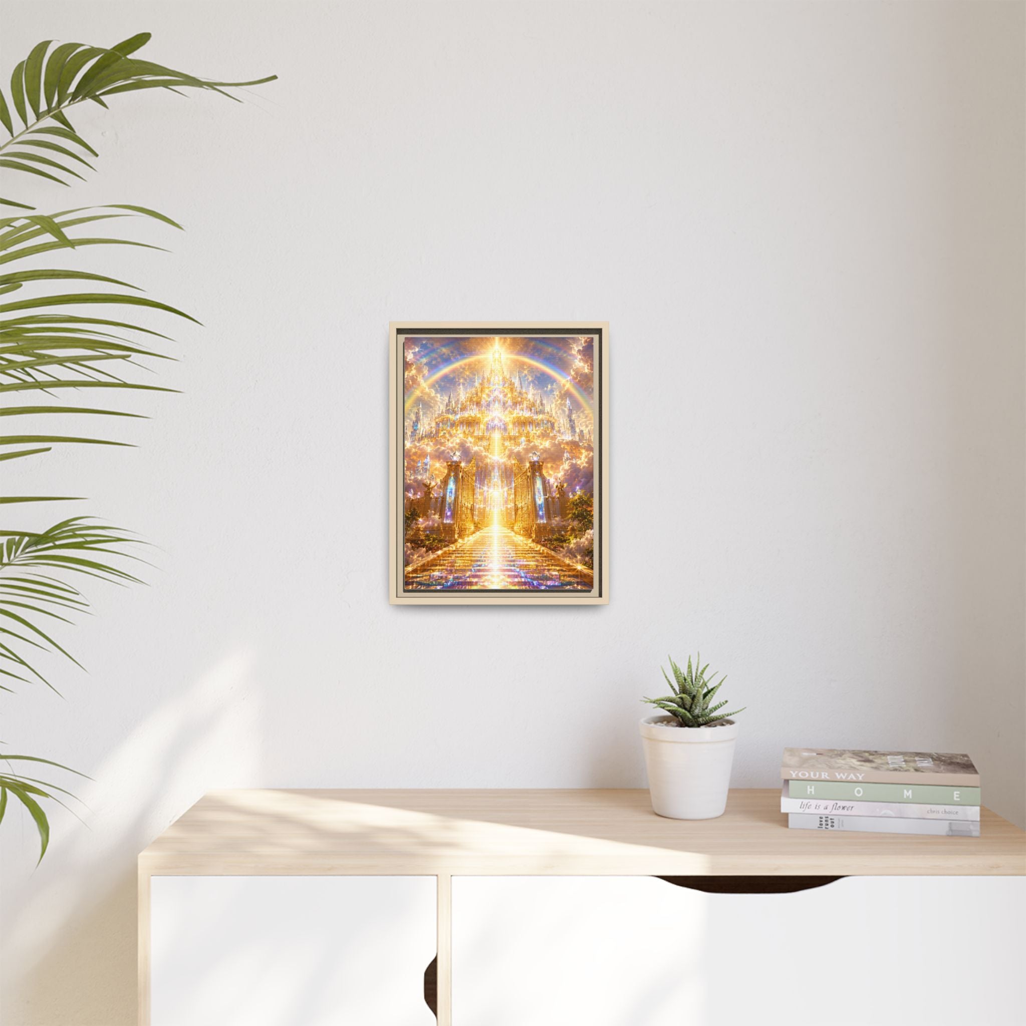 Heavenly Gateway Matte Framed Canvas — Golden Rainbow Spiritual Wall Art