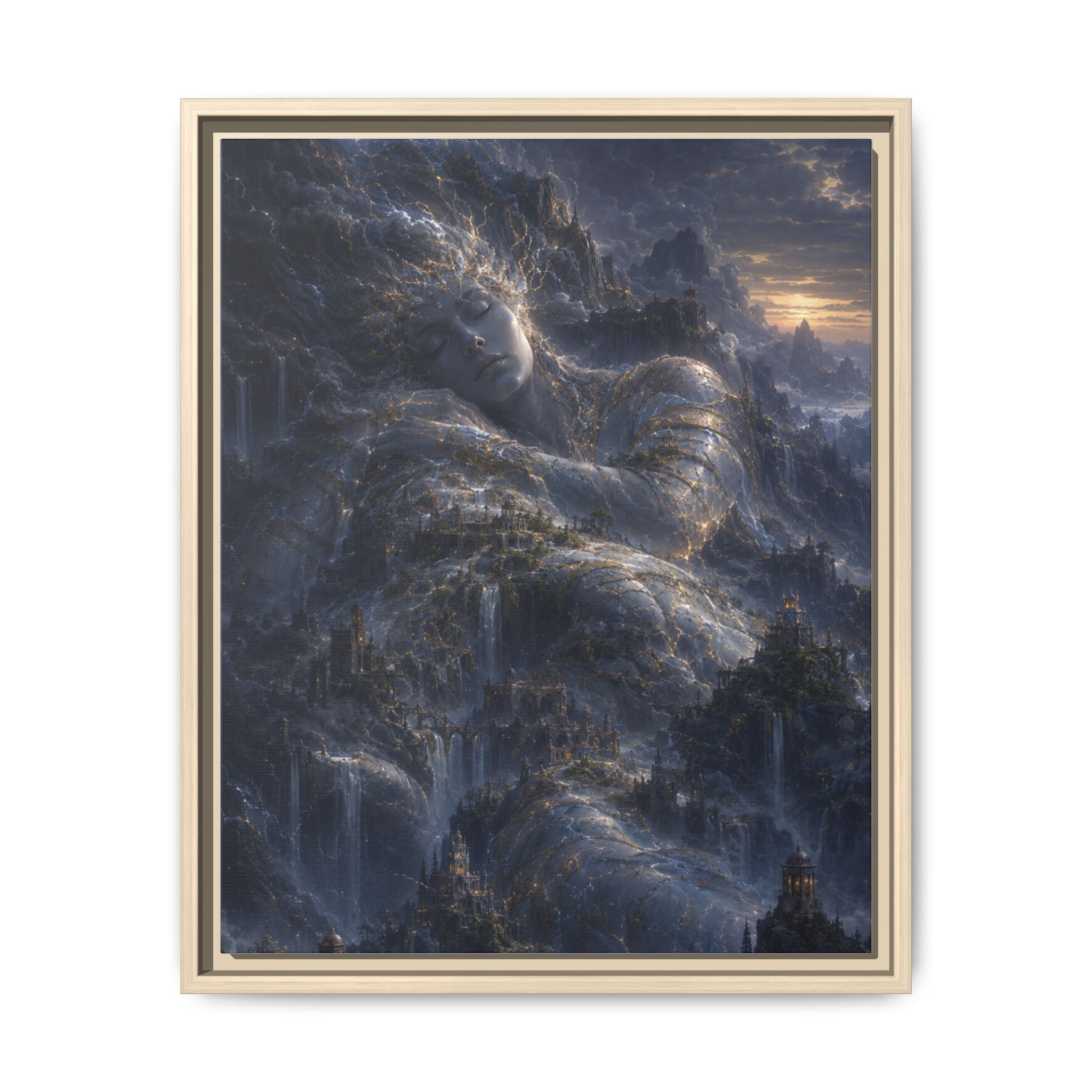 Framed Matte Canvas Wall Art — Misty Stormy Mountain Landscape