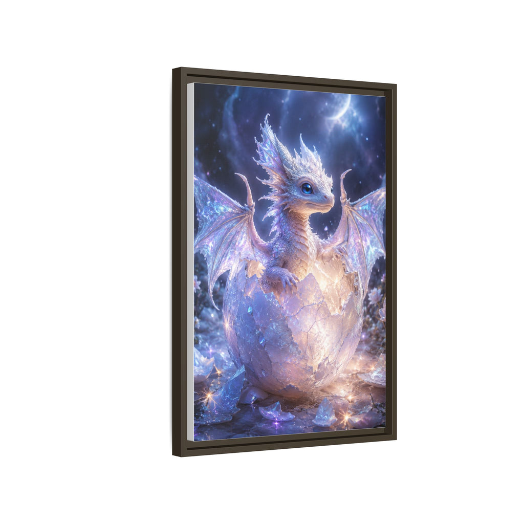 Framed Fantasy Dragon Canvas Print — Mystical Baby Dragon in Cracked Egg Wall Art