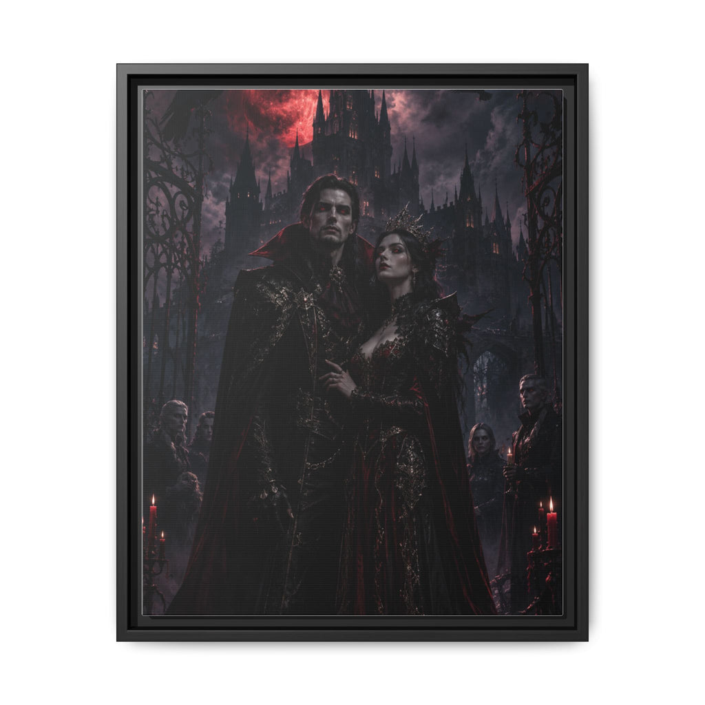 Vampire Couple Matte Framed Canvas Art – Gothic Red Moon Wall Decor