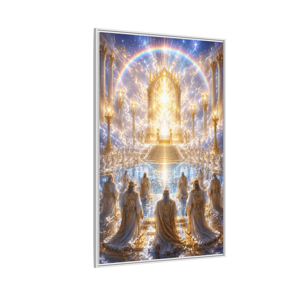 Heavenly Throne Room Matte Framed Canvas — Golden Angelic Realm Wall Art