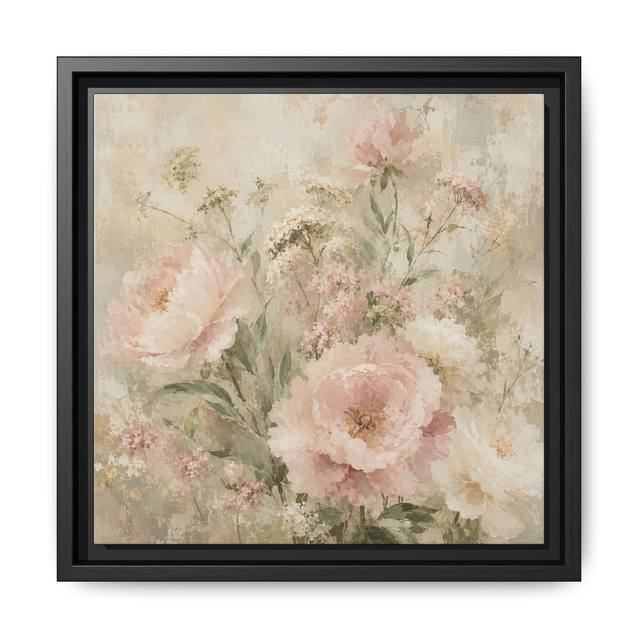 Vintage Pink Peonies Watercolor Framed Canvas | Floral Wall Art