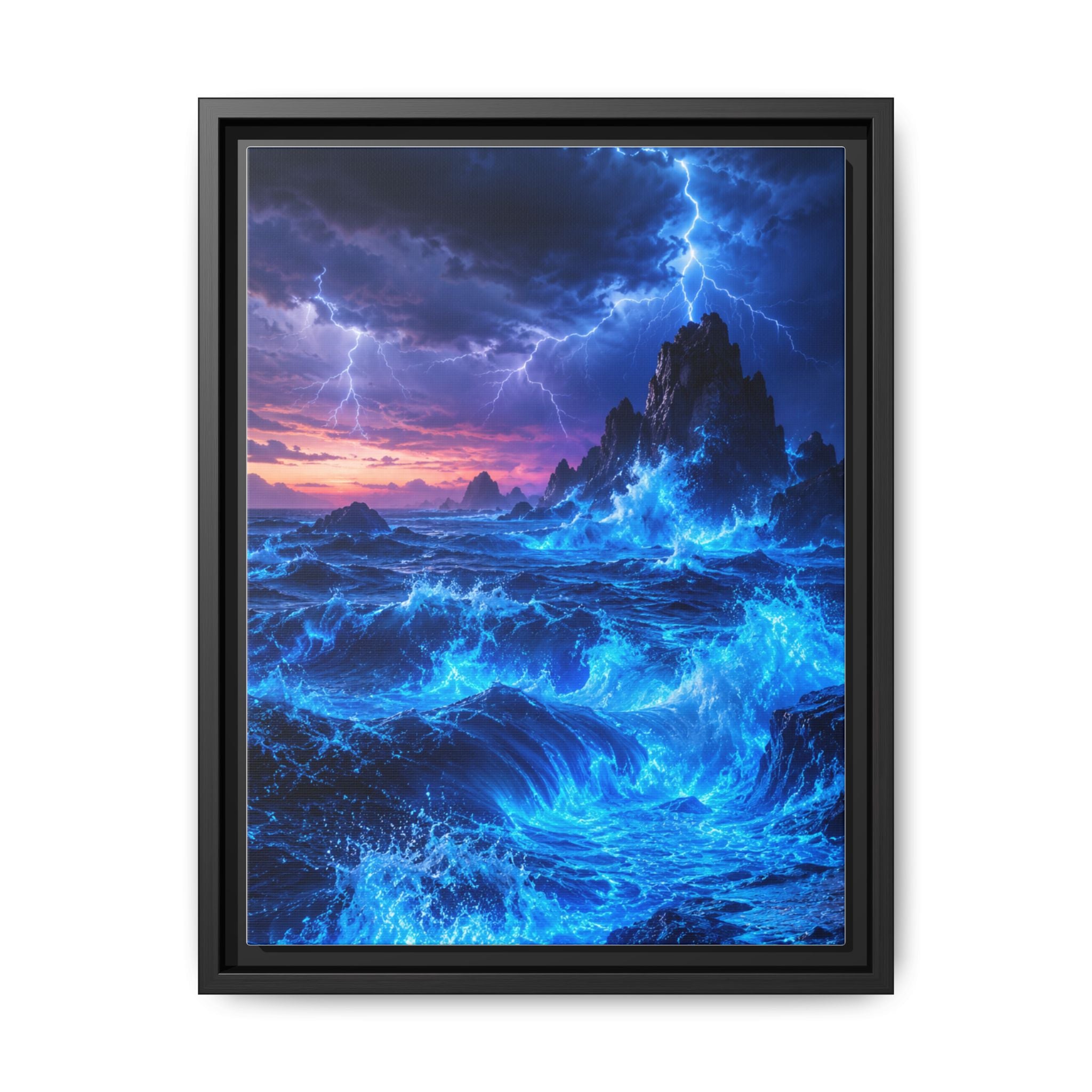 Framed Matte Canvas Art — Electric Stormy Ocean Landscape