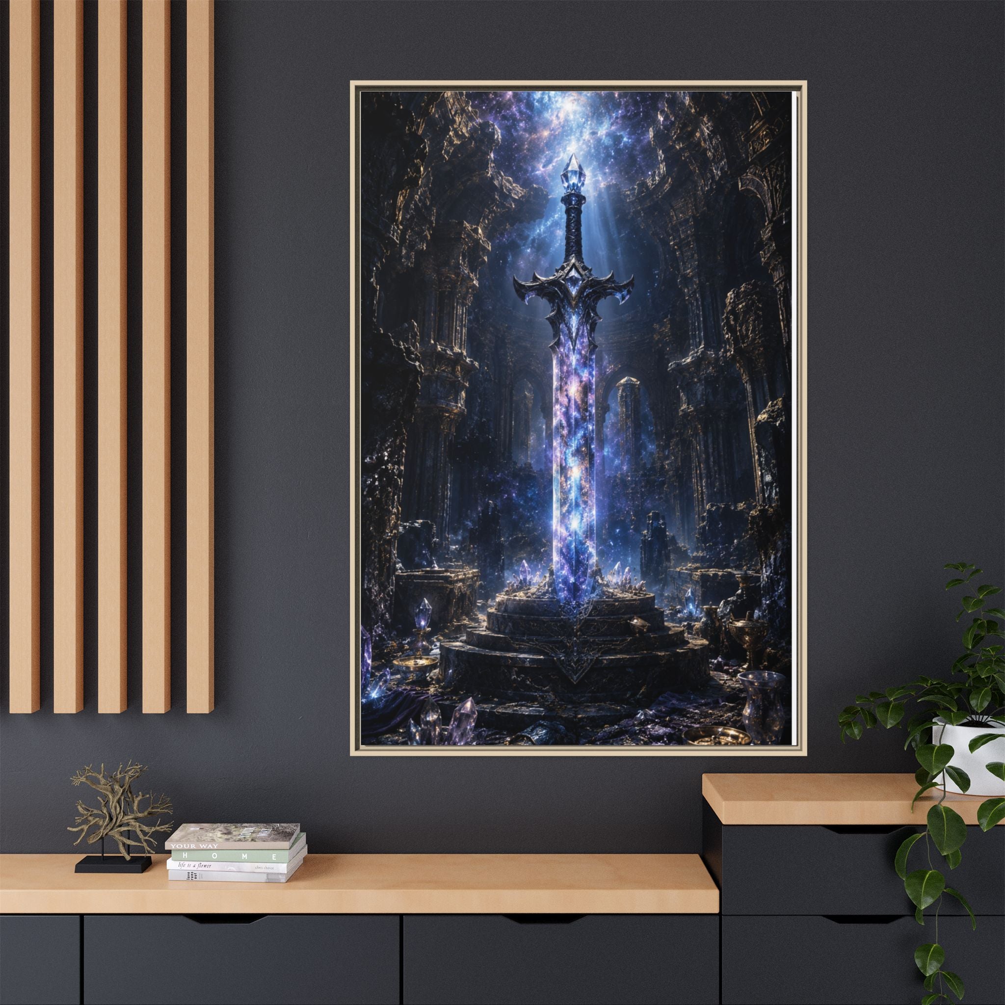 Framed Fantasy Sword Canvas — Mystical Glowing Blade Wall Art