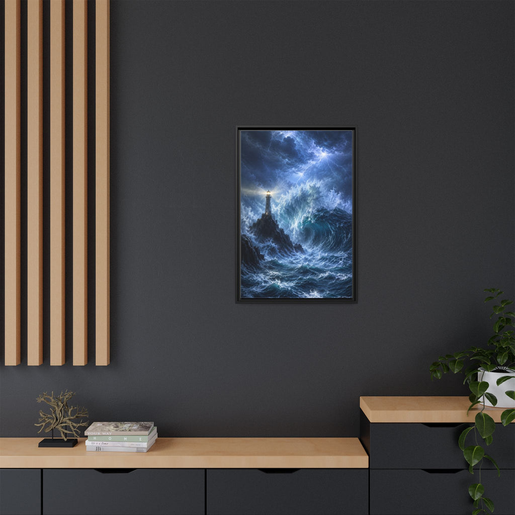 Framed Matte Canvas – Stormy Lighthouse Ocean Print
