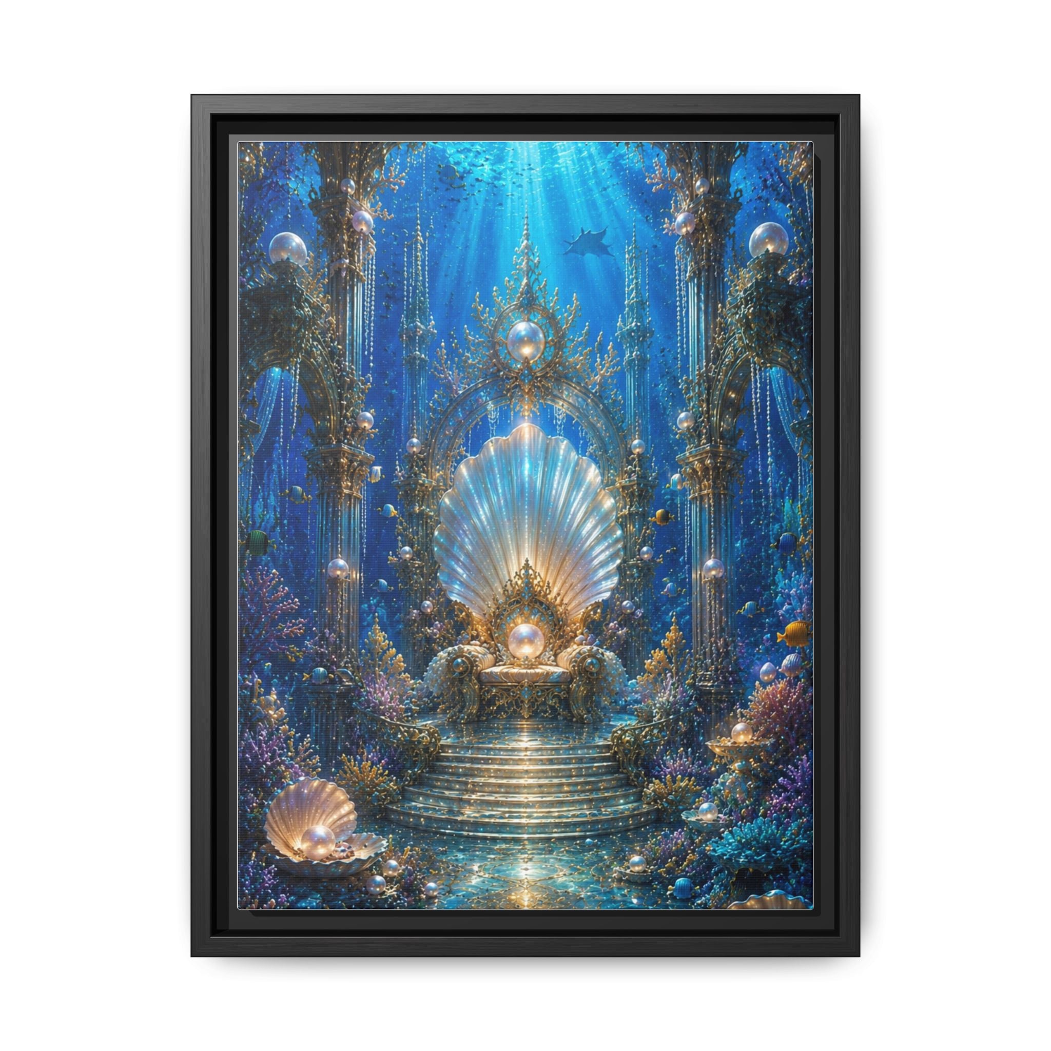 Underwater Palace Framed Canvas Art — Mermaid Throne Ocean Fantasy Print