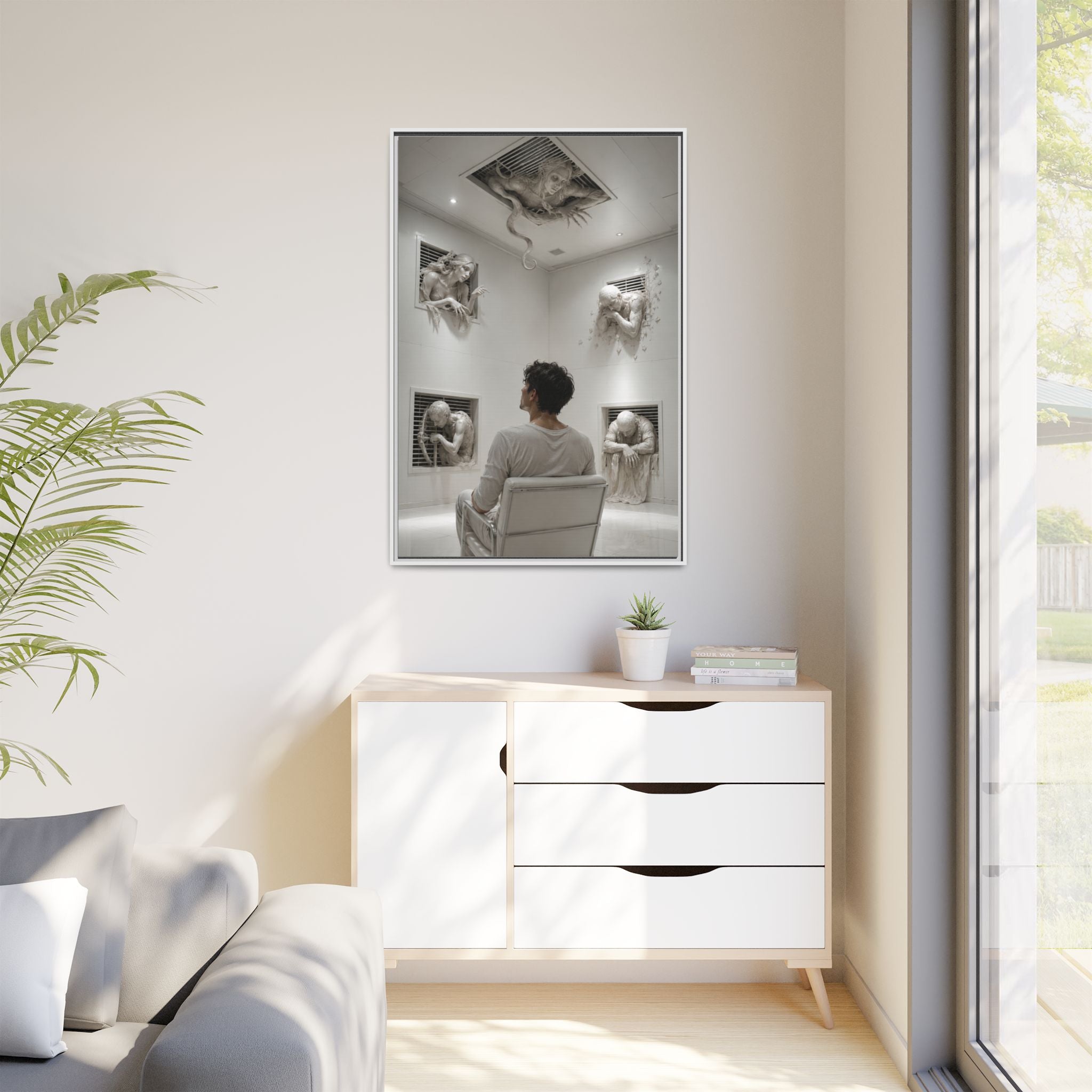 Surreal Wall Art Canvas — Man in Gallery with Sculpted Figures, Framed Matte Print