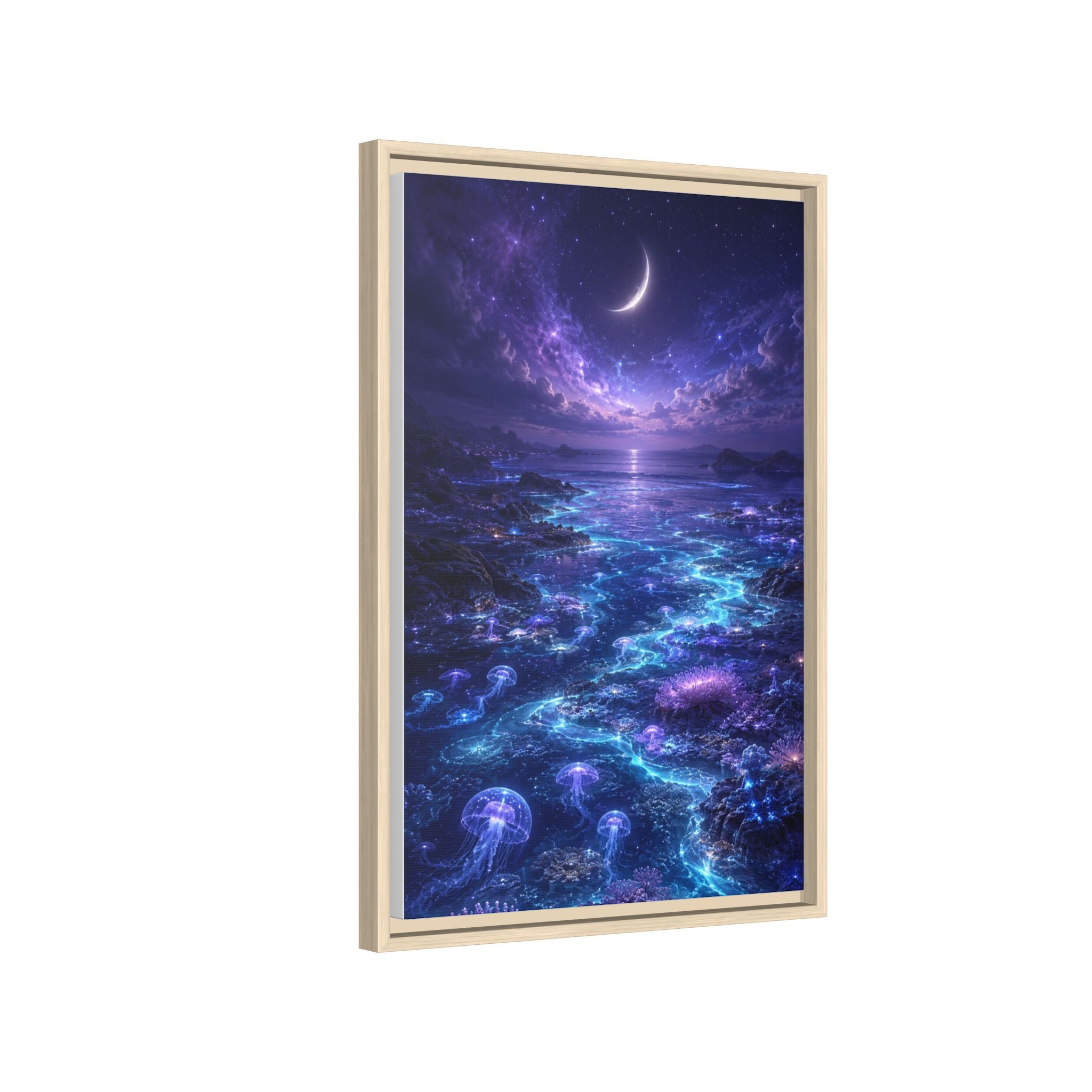 Framed Canvas Art — Bioluminescent Moonlit Ocean Scene