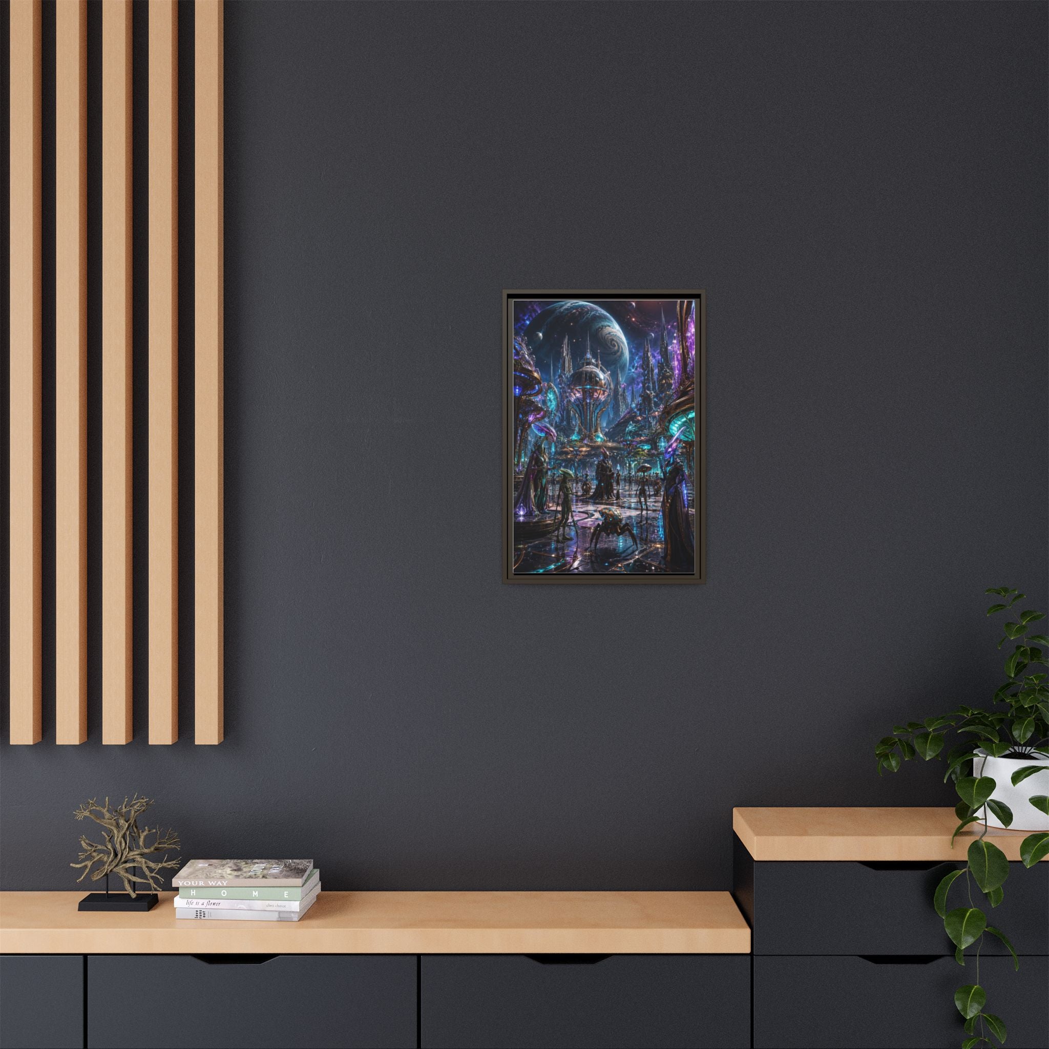 Framed Matte Canvas - Neon Sci‑Fi Cityscape Wall Art