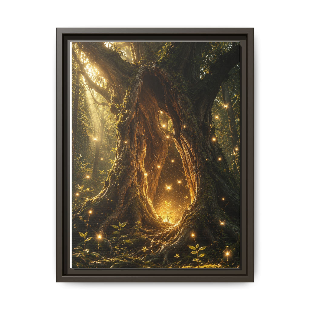 Framed Canvas Art - Enchanted Forest Tree with Glowing Fireflies
