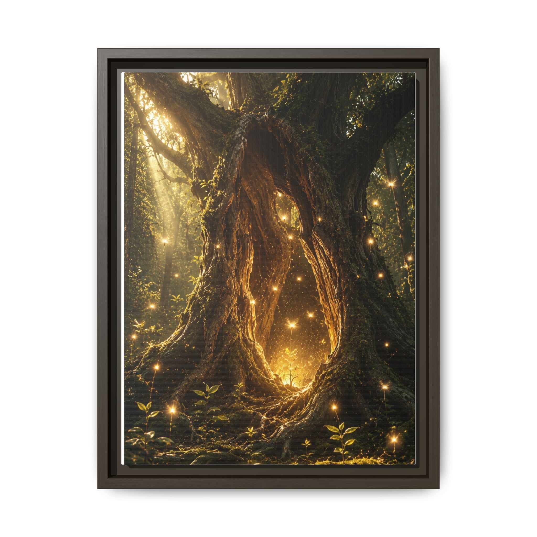 Framed Canvas Art - Enchanted Forest Tree with Glowing Fireflies