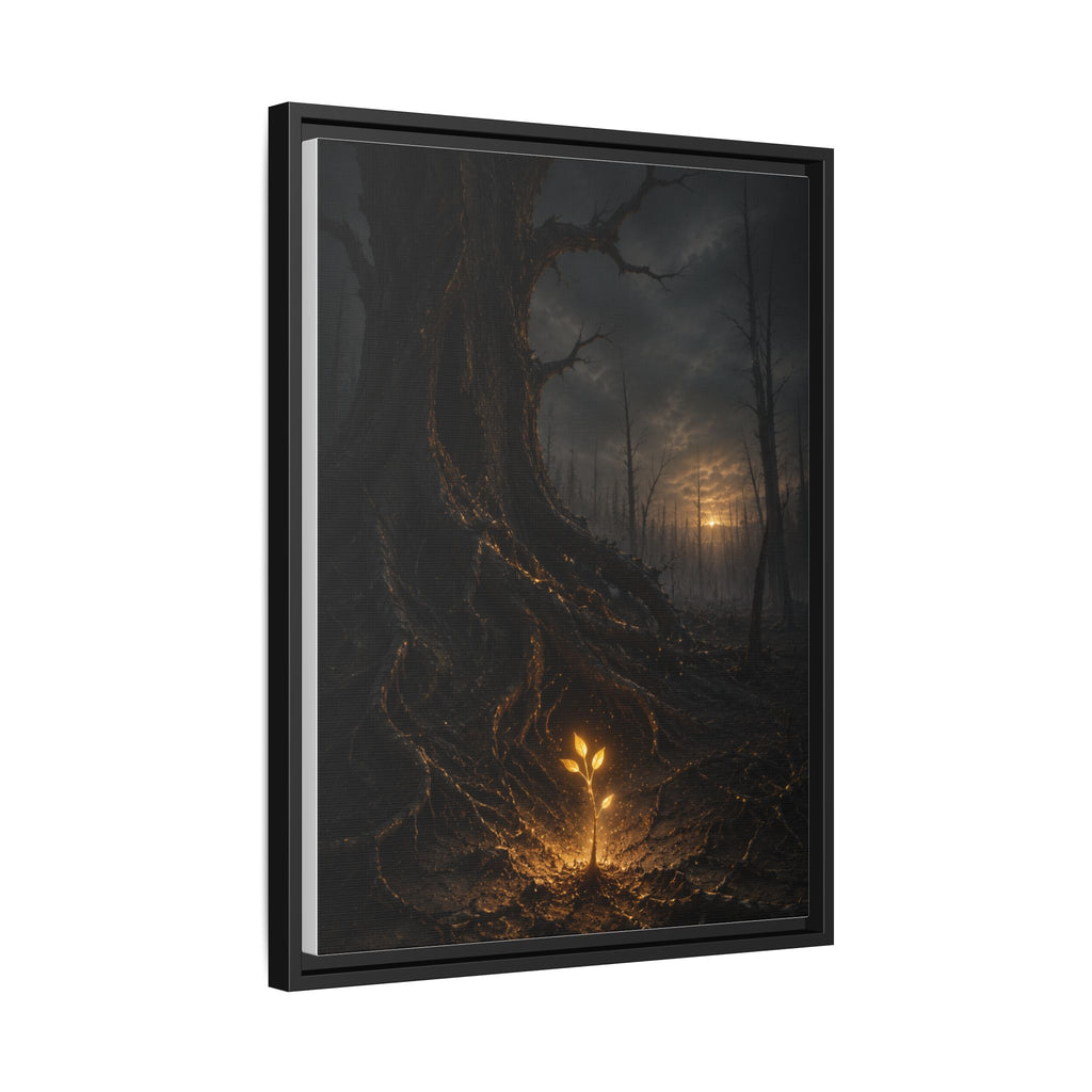 Framed Matte Canvas — Glow Sprout in Dark Forest (Ethereal Fantasy Wall Art)