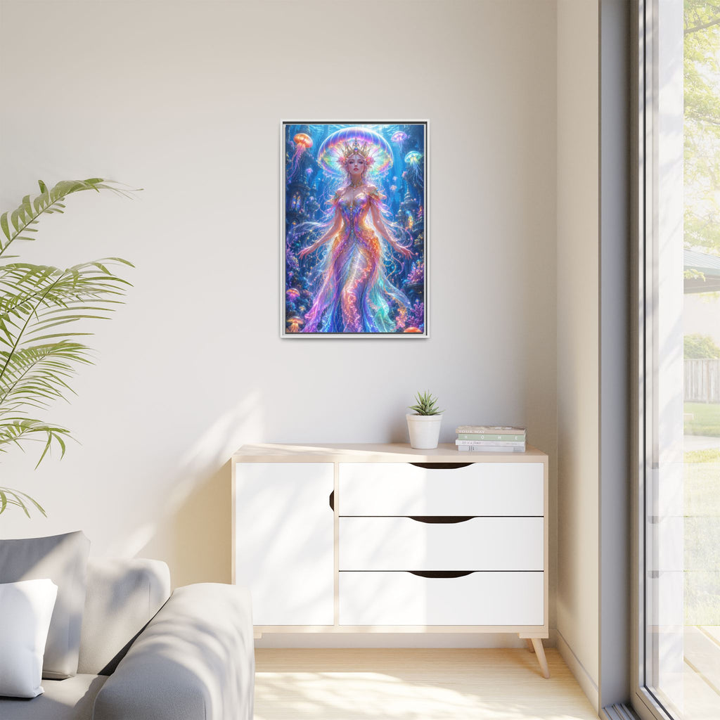 Jellyfish Queen Framed Canvas Art — Vibrant Mermaid Goddess Wall Print