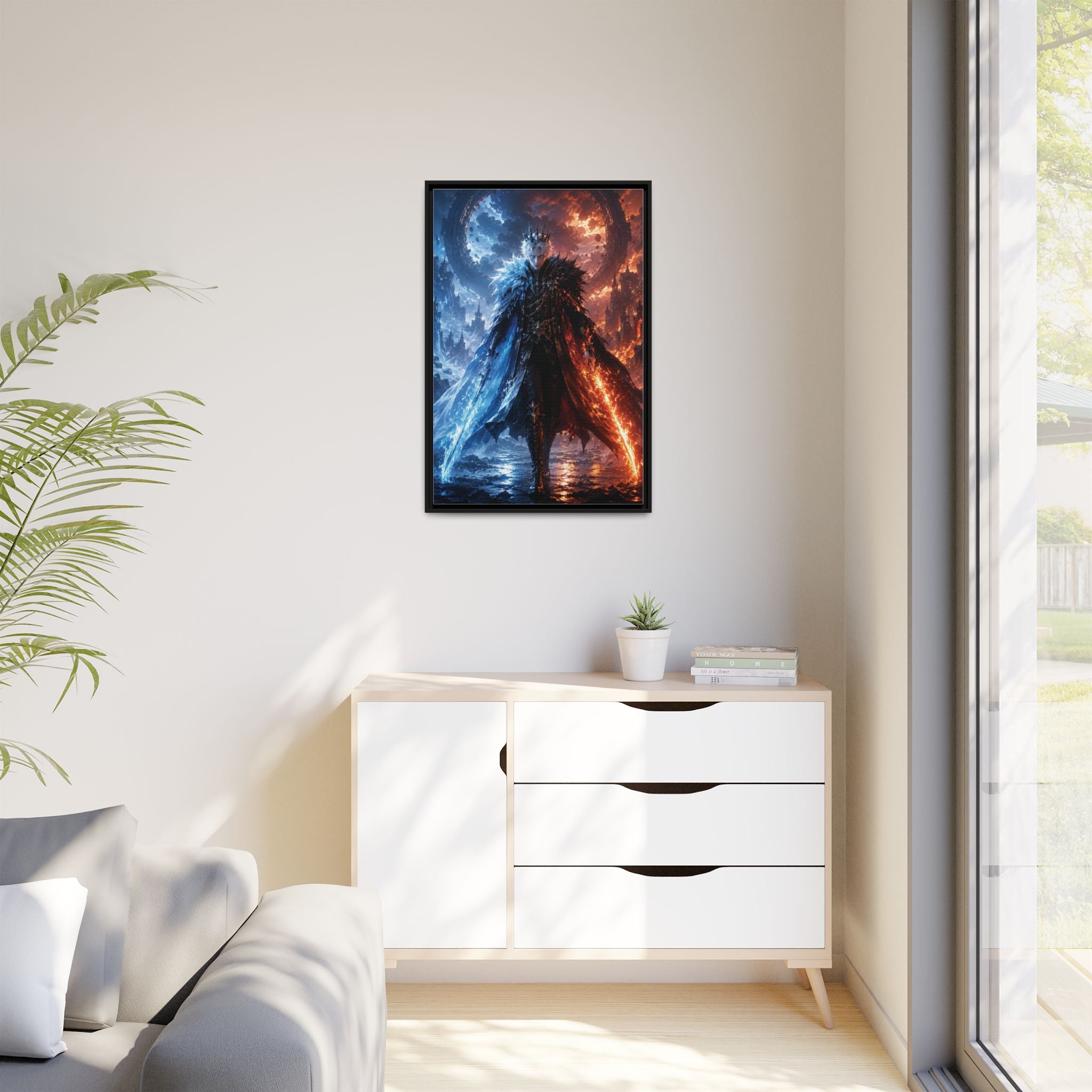 Framed Fantasy Canvas Print — Ice vs Fire Dark Knight Wall Art