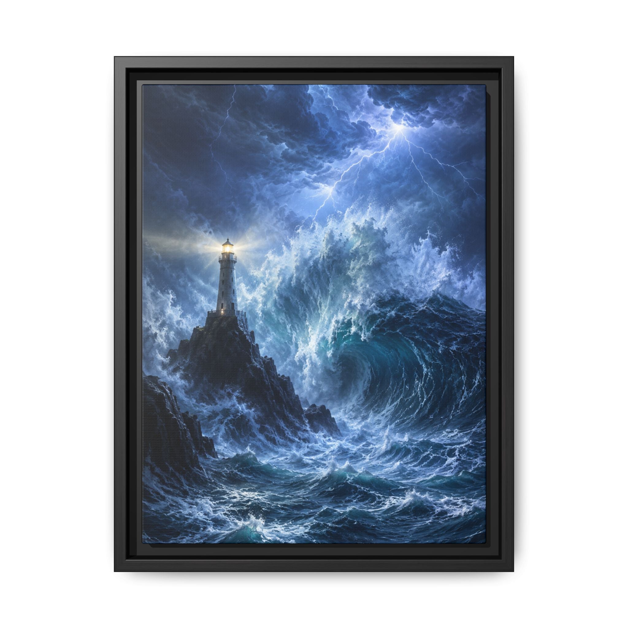 Framed Framed Canvas – Stormy Lighthouse Ocean Print