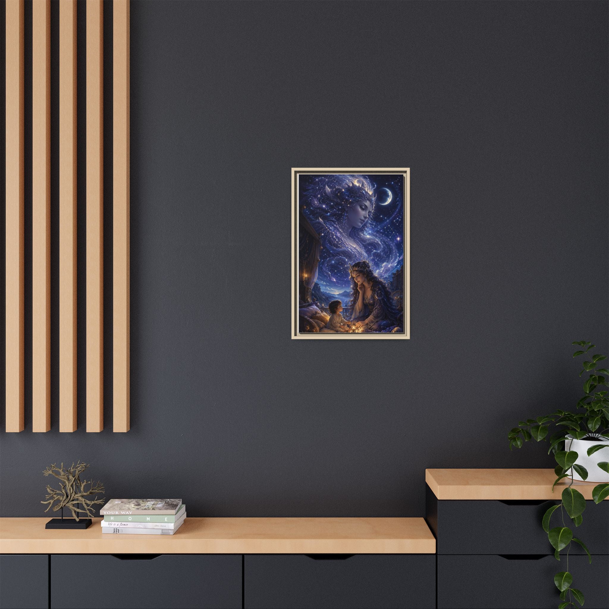 Framed Matte Canvas — Mystical Moon Mother & Child Nightscape Wall Art