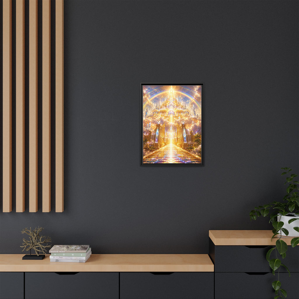 Heavenly Gateway Matte Framed Canvas — Golden Rainbow Spiritual Wall Art