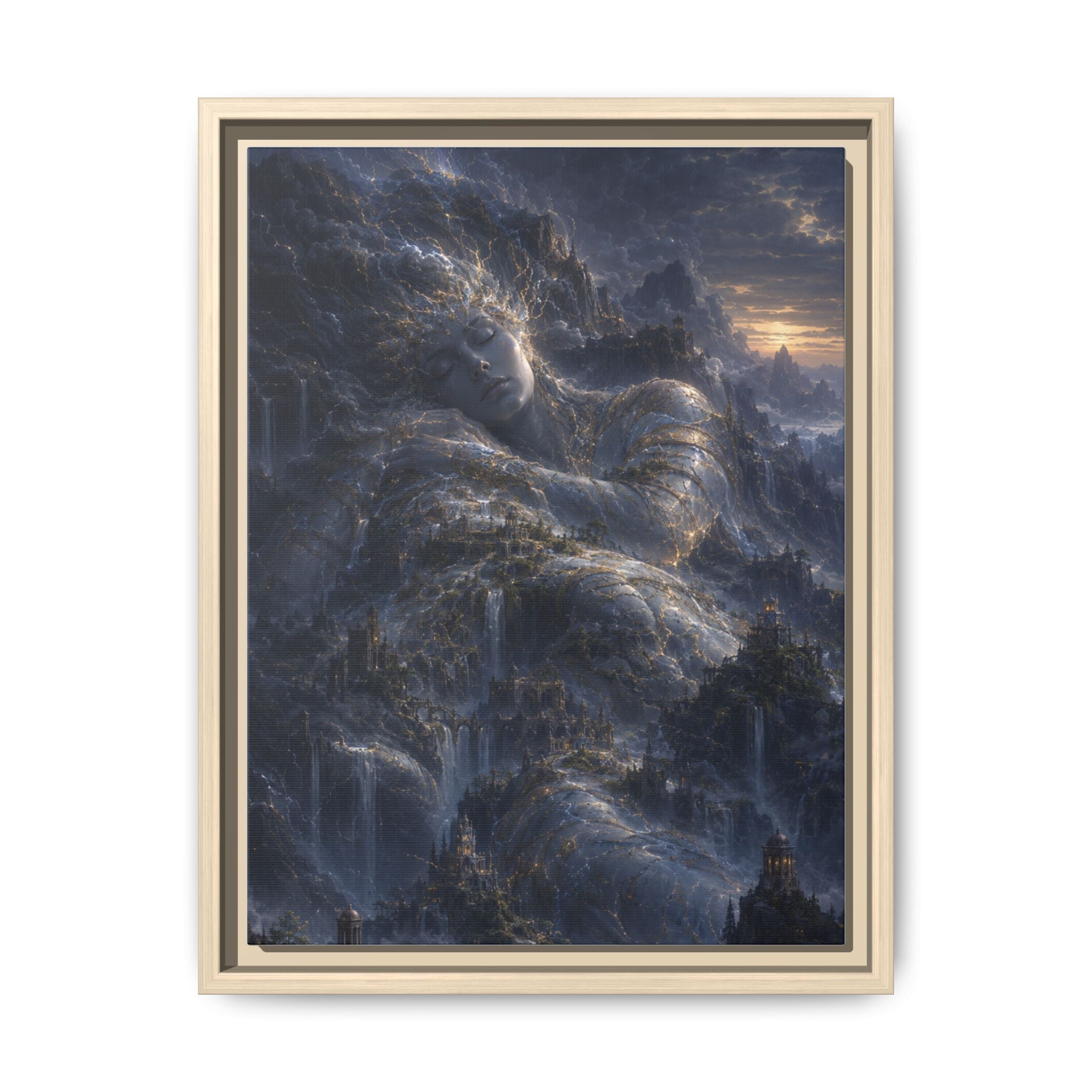 Framed Matte Canvas Wall Art — Misty Stormy Mountain Landscape