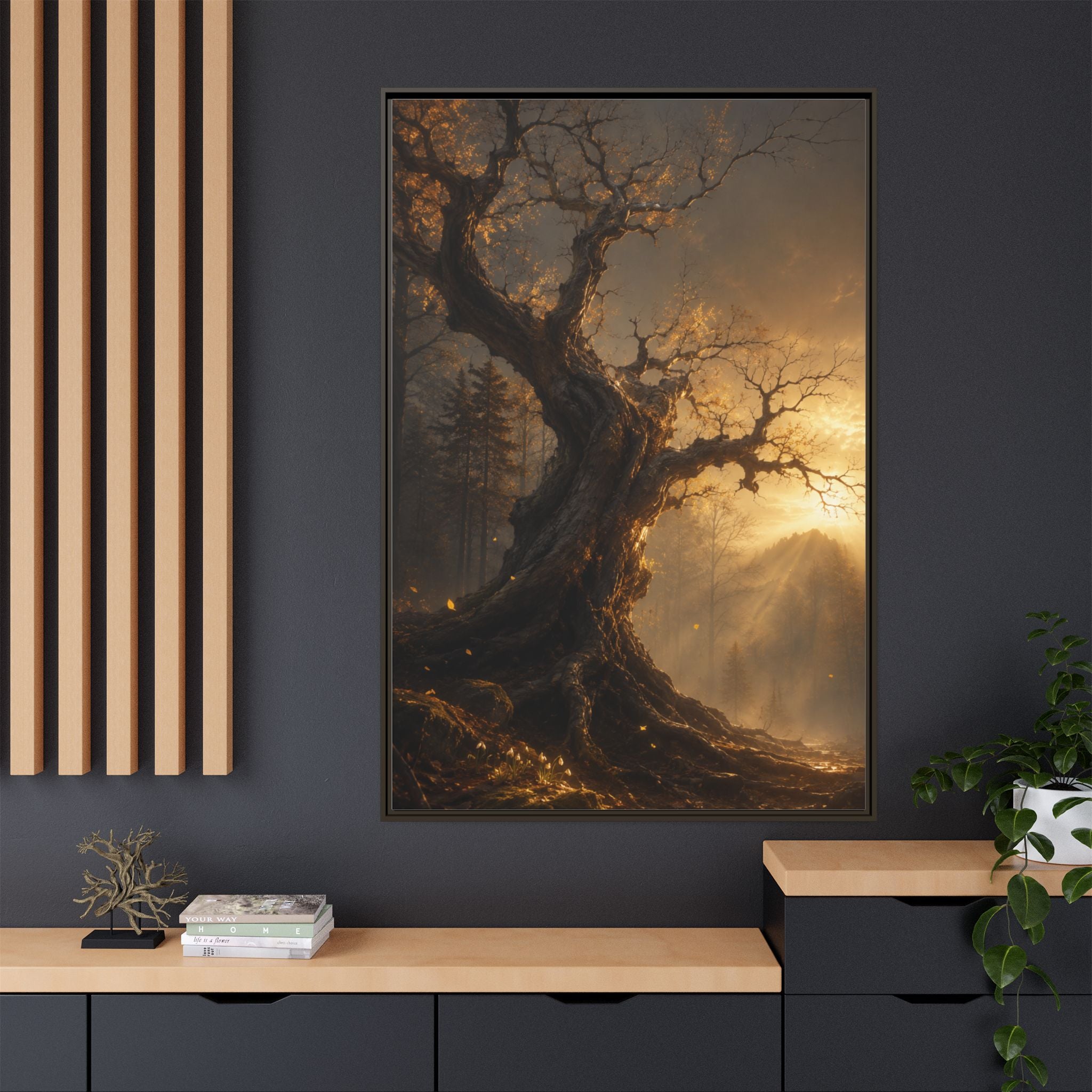 Framed Matte Canvas Art — Mystical Golden Forest Tree Print