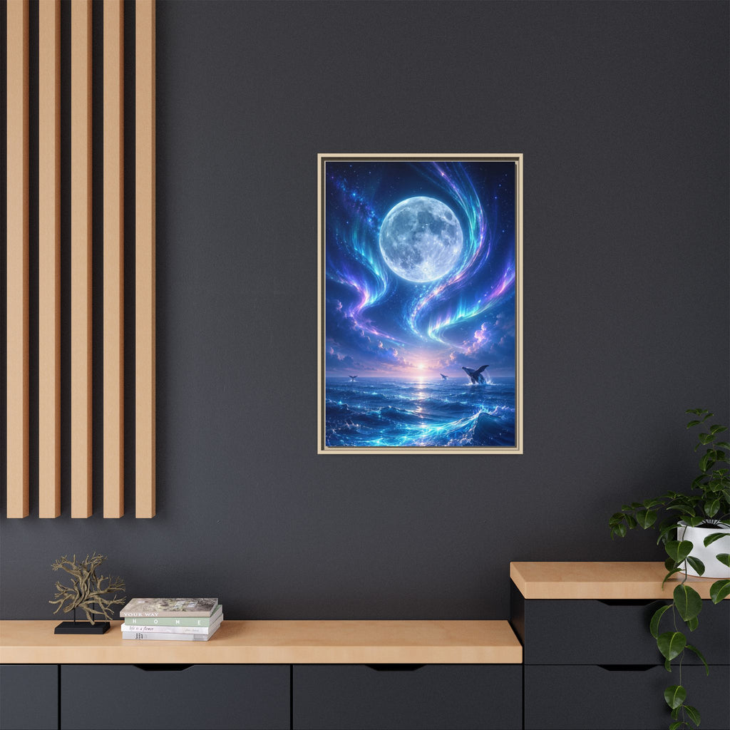 Framed Canvas Art - Lunar Aurora Ocean Scene