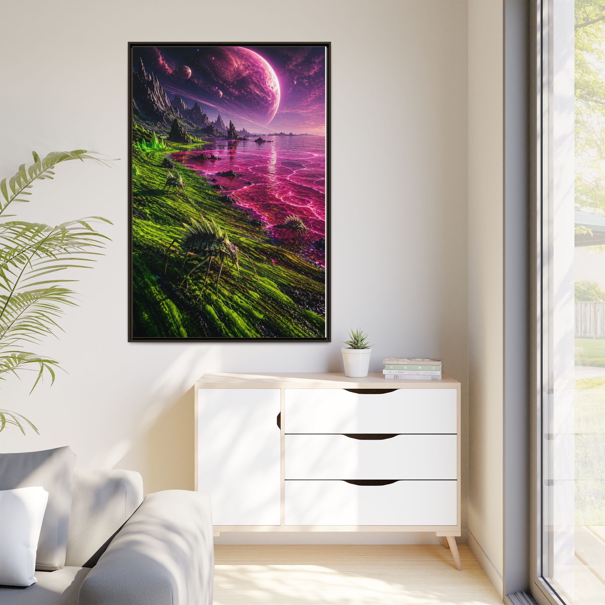 Framed Matte Canvas - Neon Alien Landscape Wall Art