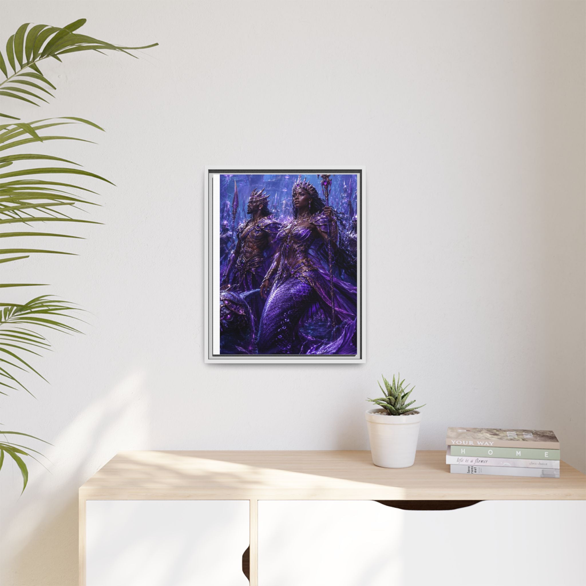 Framed Matte Canvas Print — Regal Underwater Merfolk Royalty (Purple)