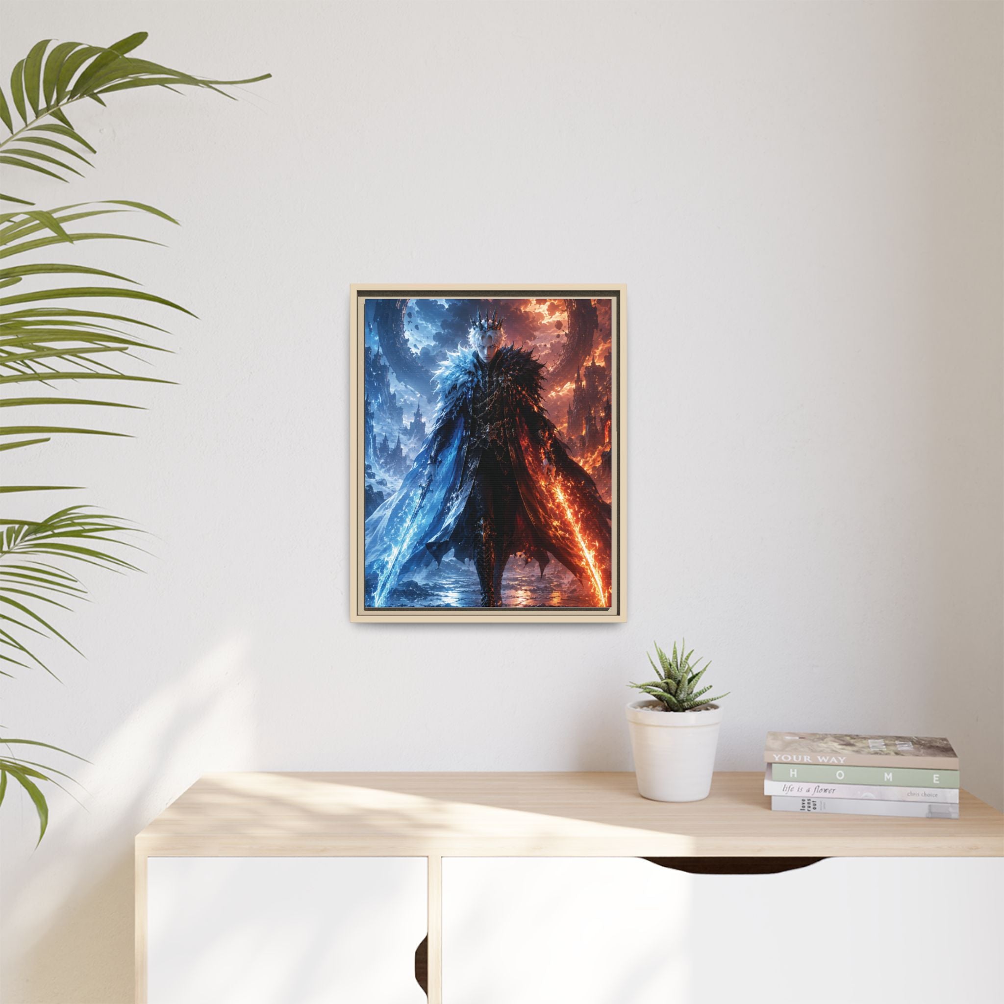 Framed Fantasy Canvas Print — Ice vs Fire Dark Knight Wall Art