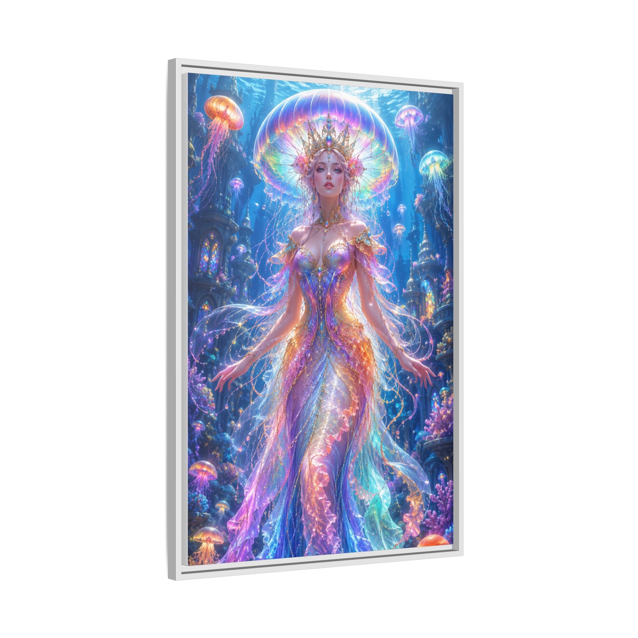 Jellyfish Queen Framed Canvas Art — Vibrant Mermaid Goddess Wall Print