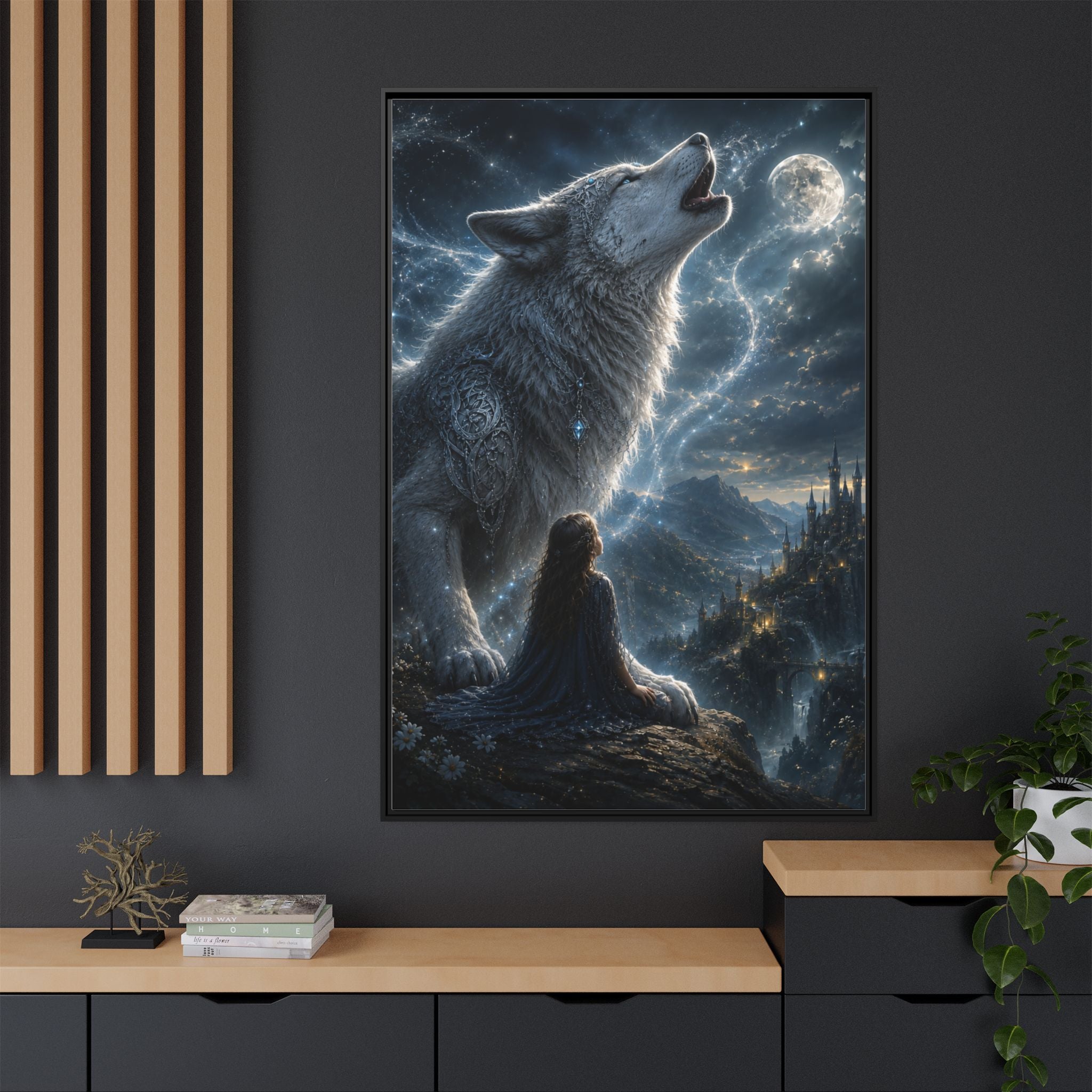 Howling Wolf Moon Matte Canvas Print — Framed Fantasy Wall Art