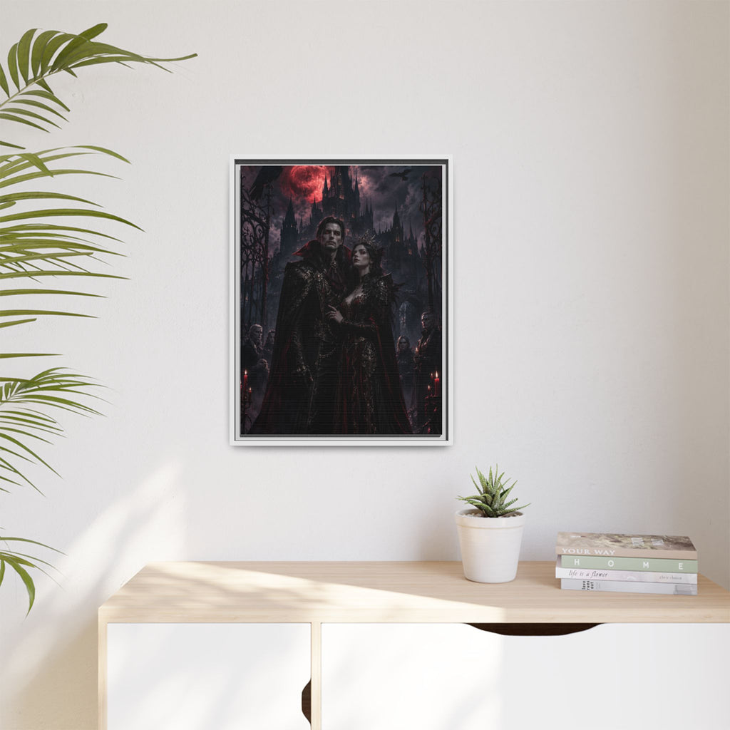 Vampire Couple Matte Framed Canvas Art – Gothic Red Moon Wall Decor