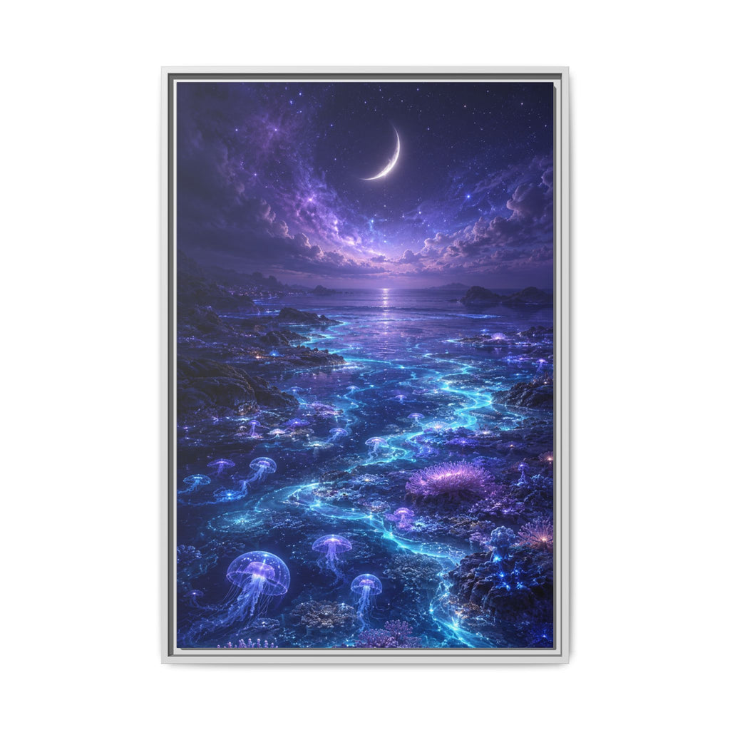 Framed Canvas Art — Bioluminescent Moonlit Ocean Scene
