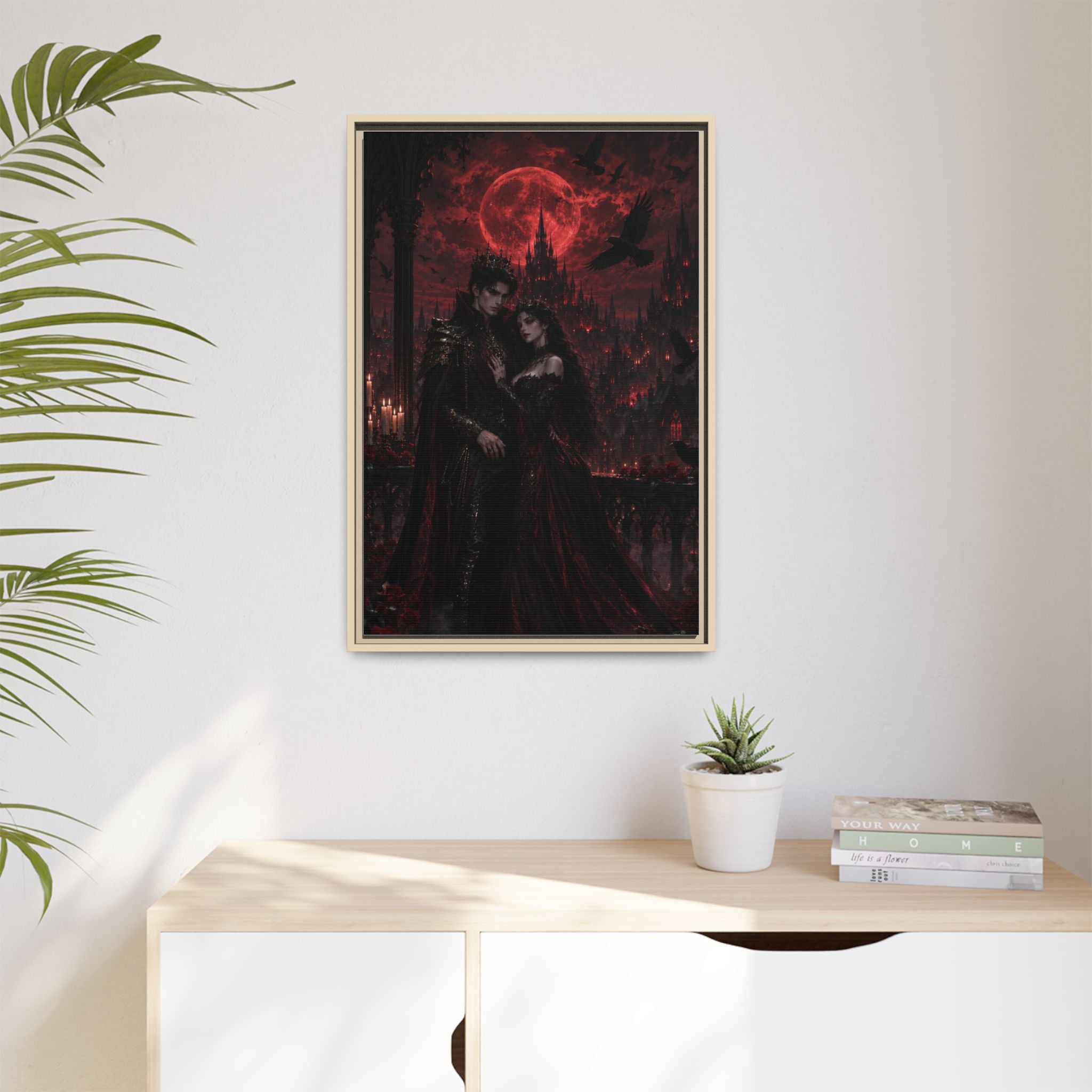 Vampire Lovers Matte Framed Canvas — Gothic Red Moon Wall Art