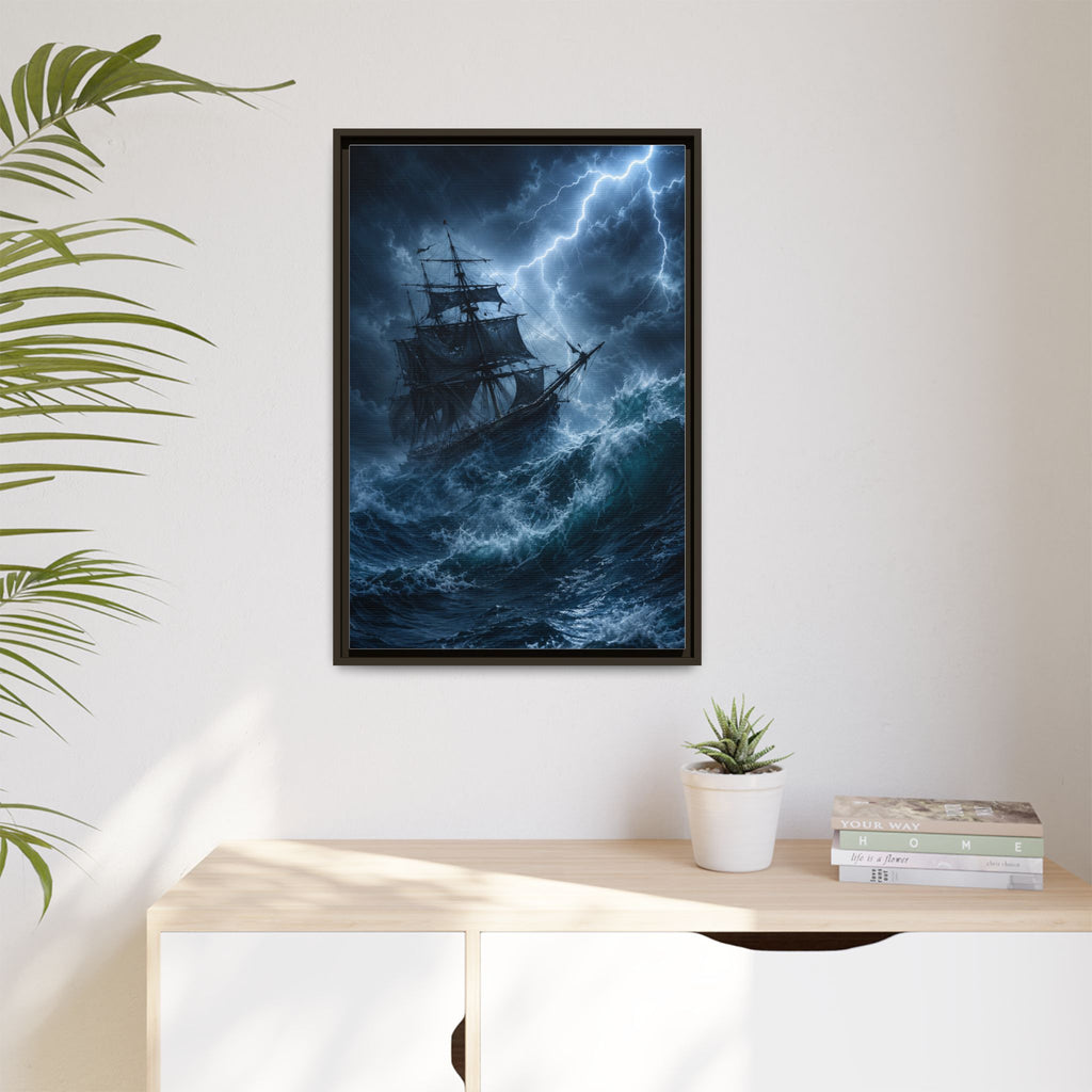 Stormy Seas Ship Painting — Framed Matte Canvas Wall Art
