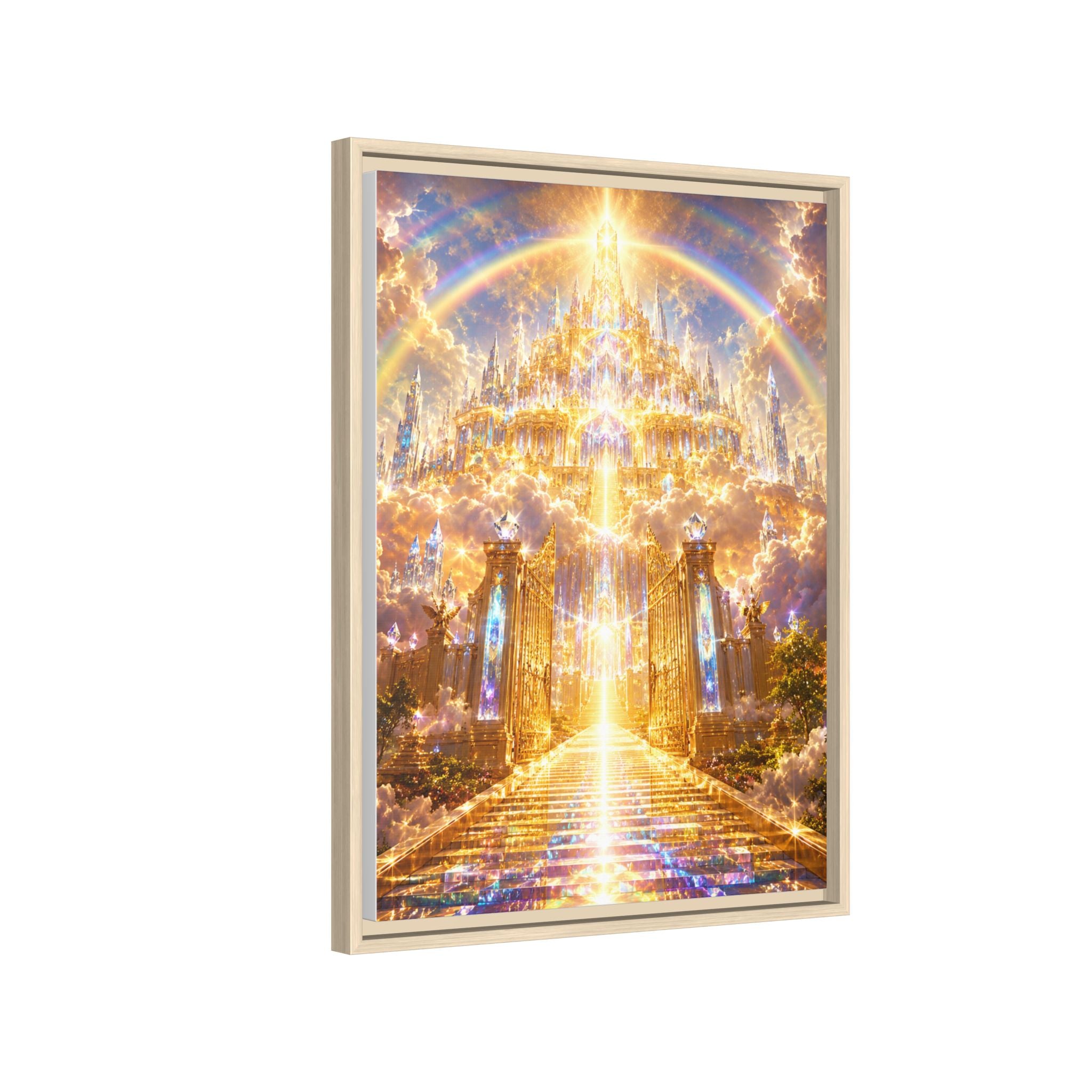 Heavenly Gateway Matte Framed Canvas — Golden Rainbow Spiritual Wall Art