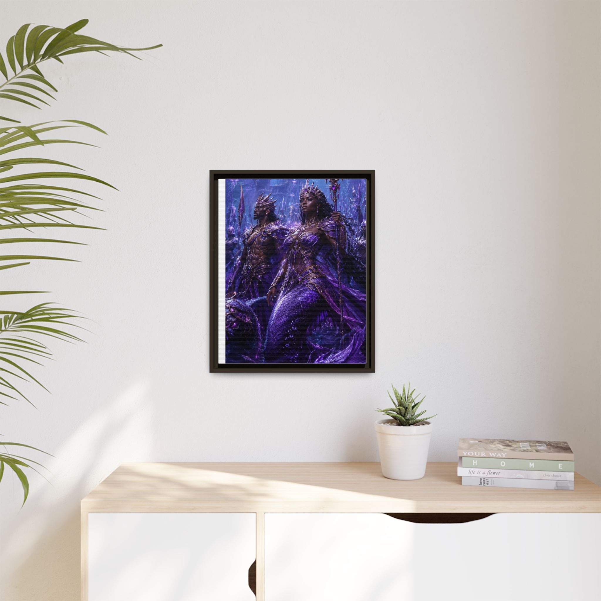 Framed Matte Canvas Print — Regal Underwater Merfolk Royalty (Purple)