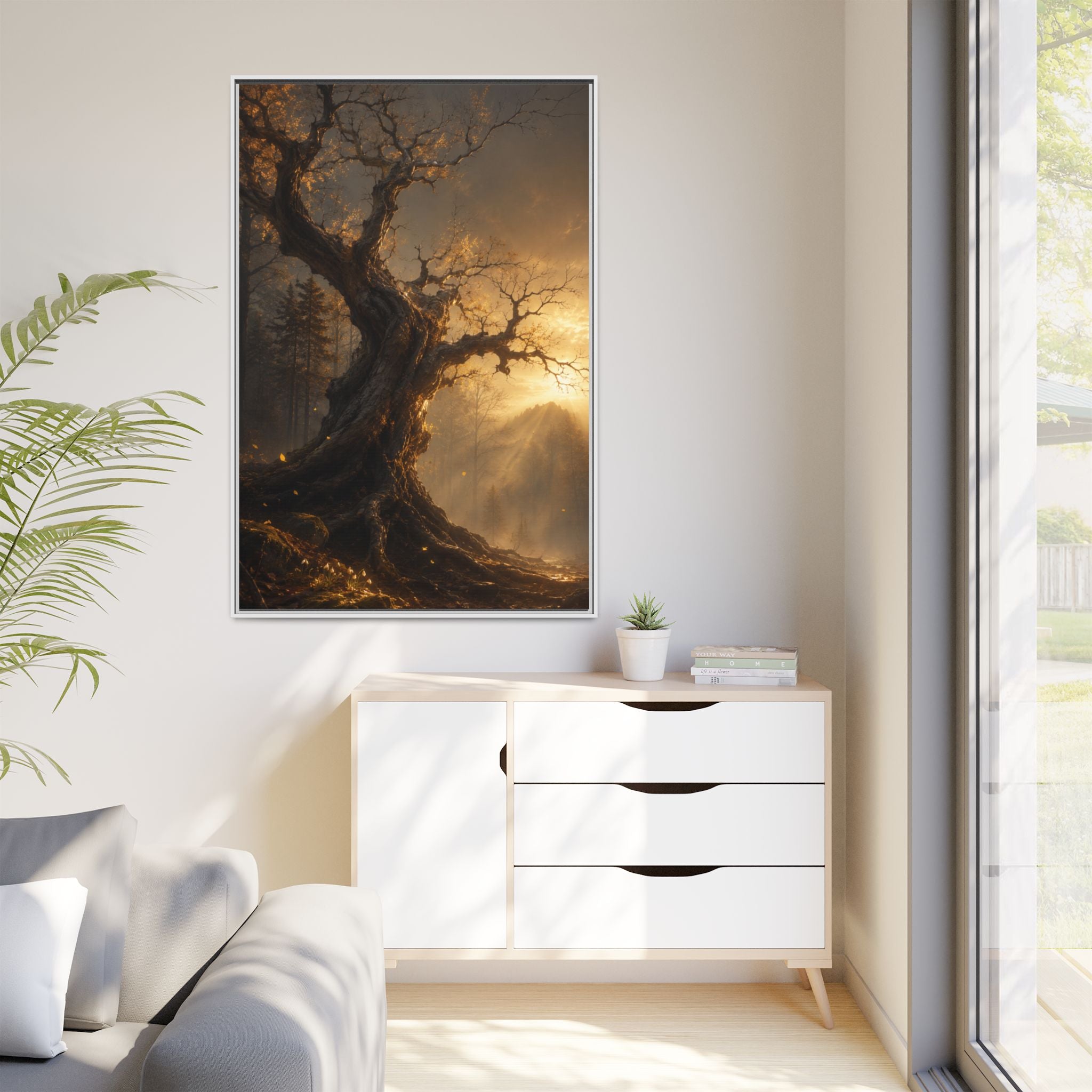 Framed Matte Canvas Art — Mystical Golden Forest Tree Print