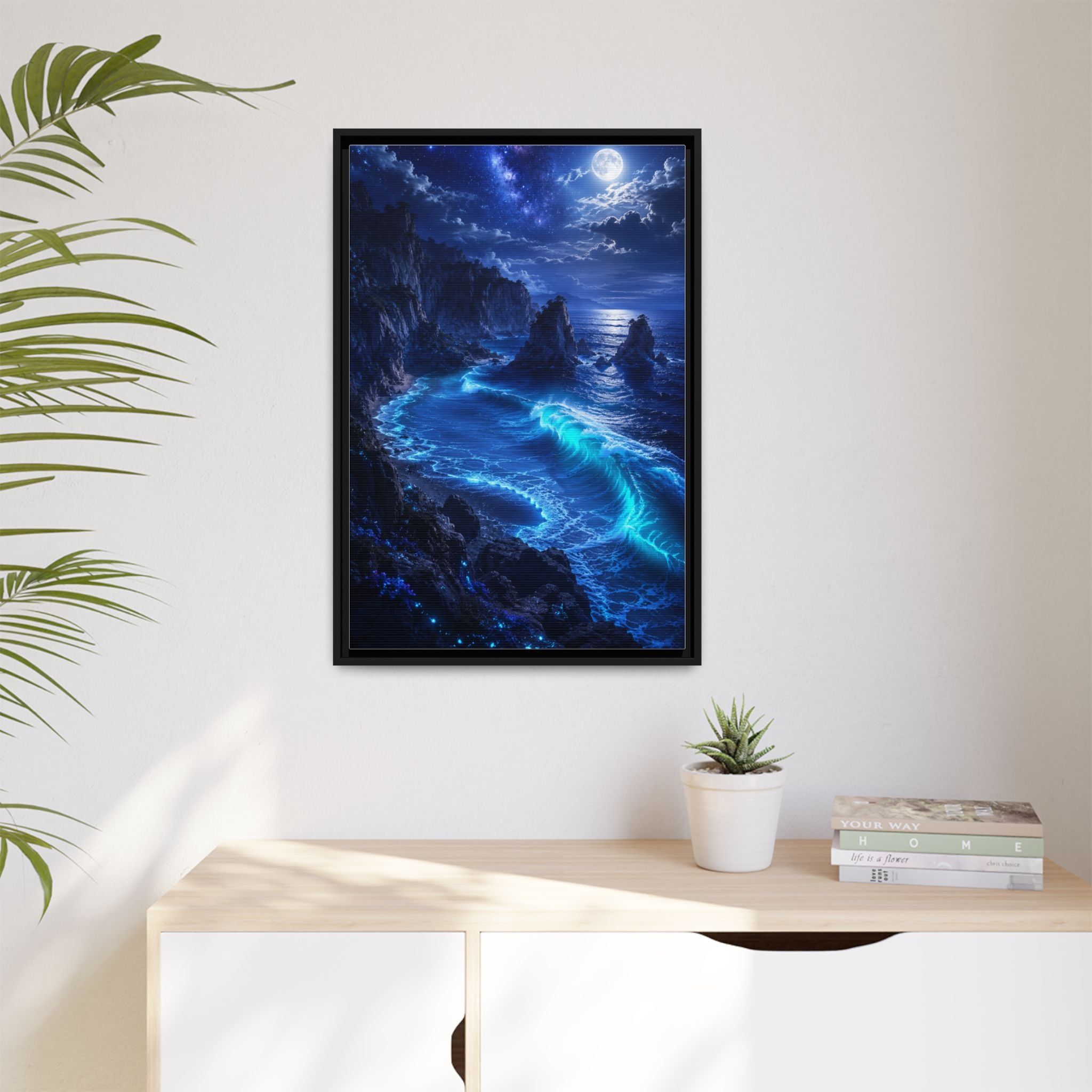 Framed Matte Canvas: Luminous Moonlit Ocean Art Print