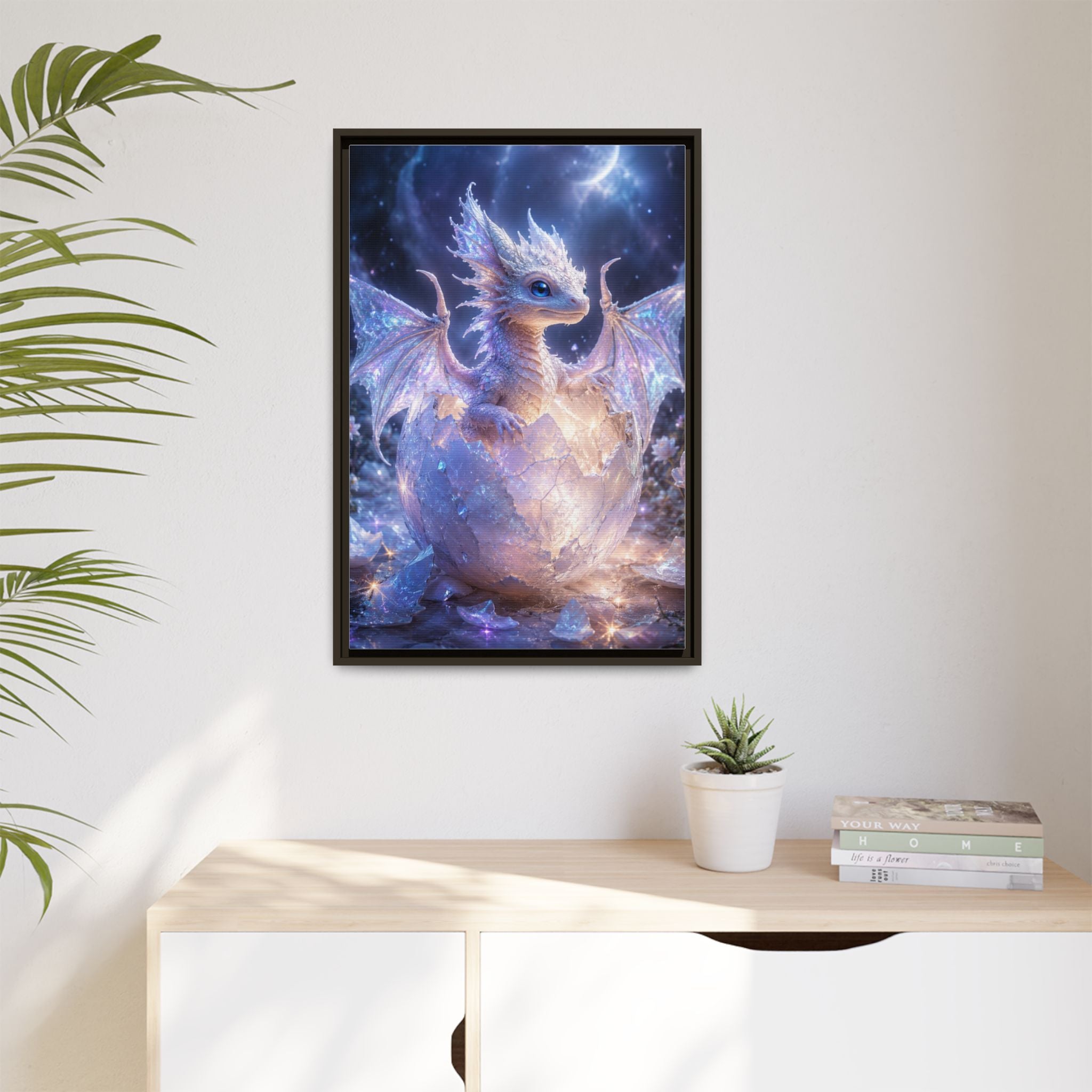 Framed Fantasy Dragon Canvas Print — Mystical Baby Dragon in Cracked Egg Wall Art