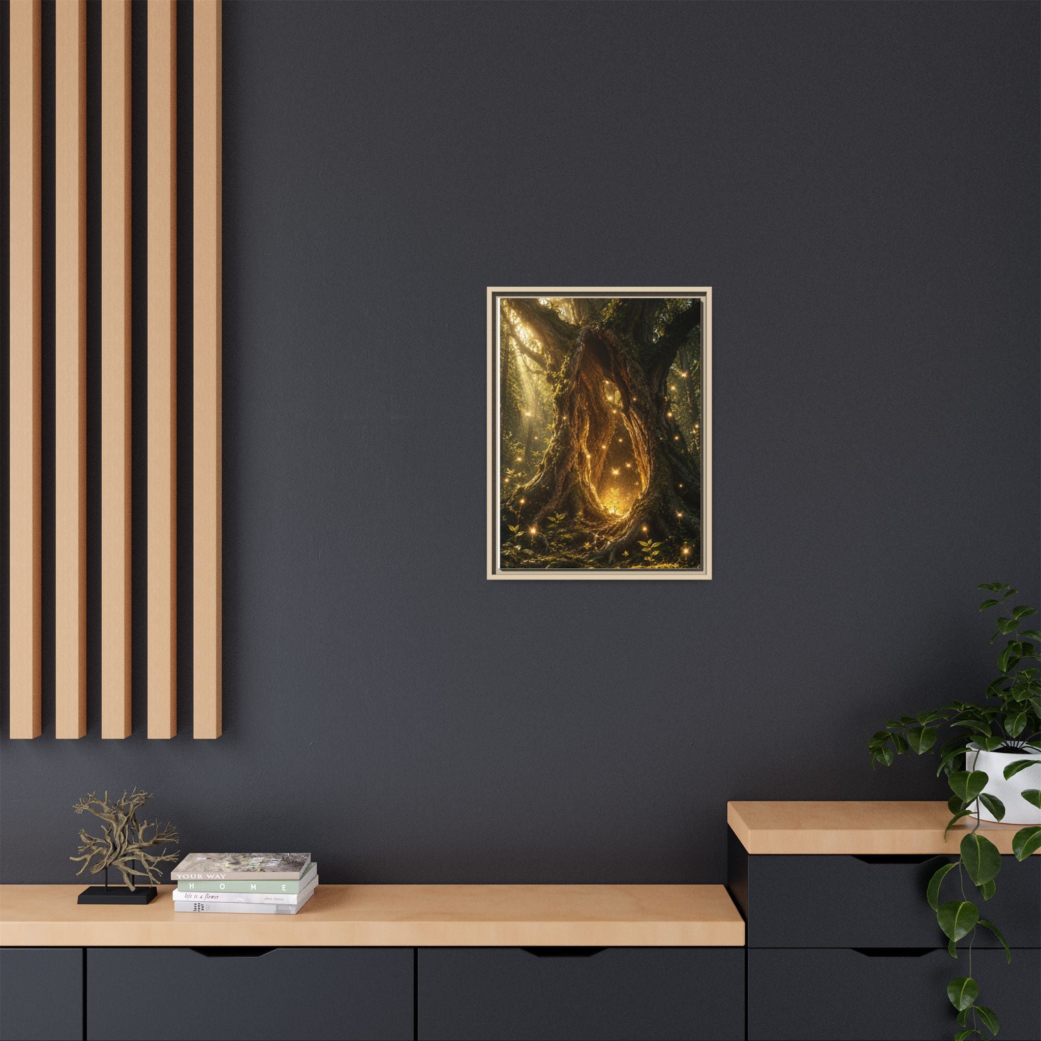 Framed Canvas Art - Enchanted Forest Tree with Glowing Fireflies