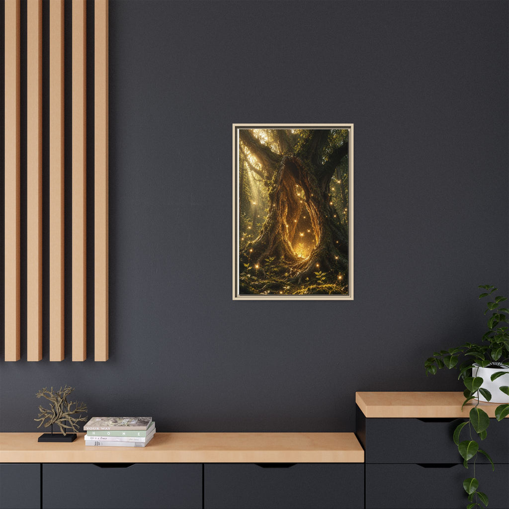 Framed Canvas Art - Enchanted Forest Tree with Glowing Fireflies