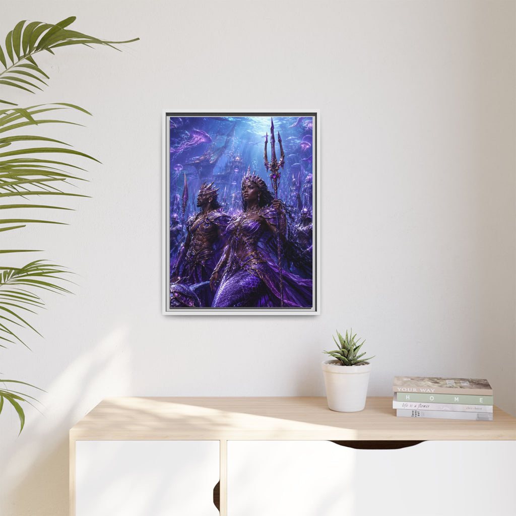 Framed Matte Canvas Print — Regal Underwater Merfolk Royalty (Purple)