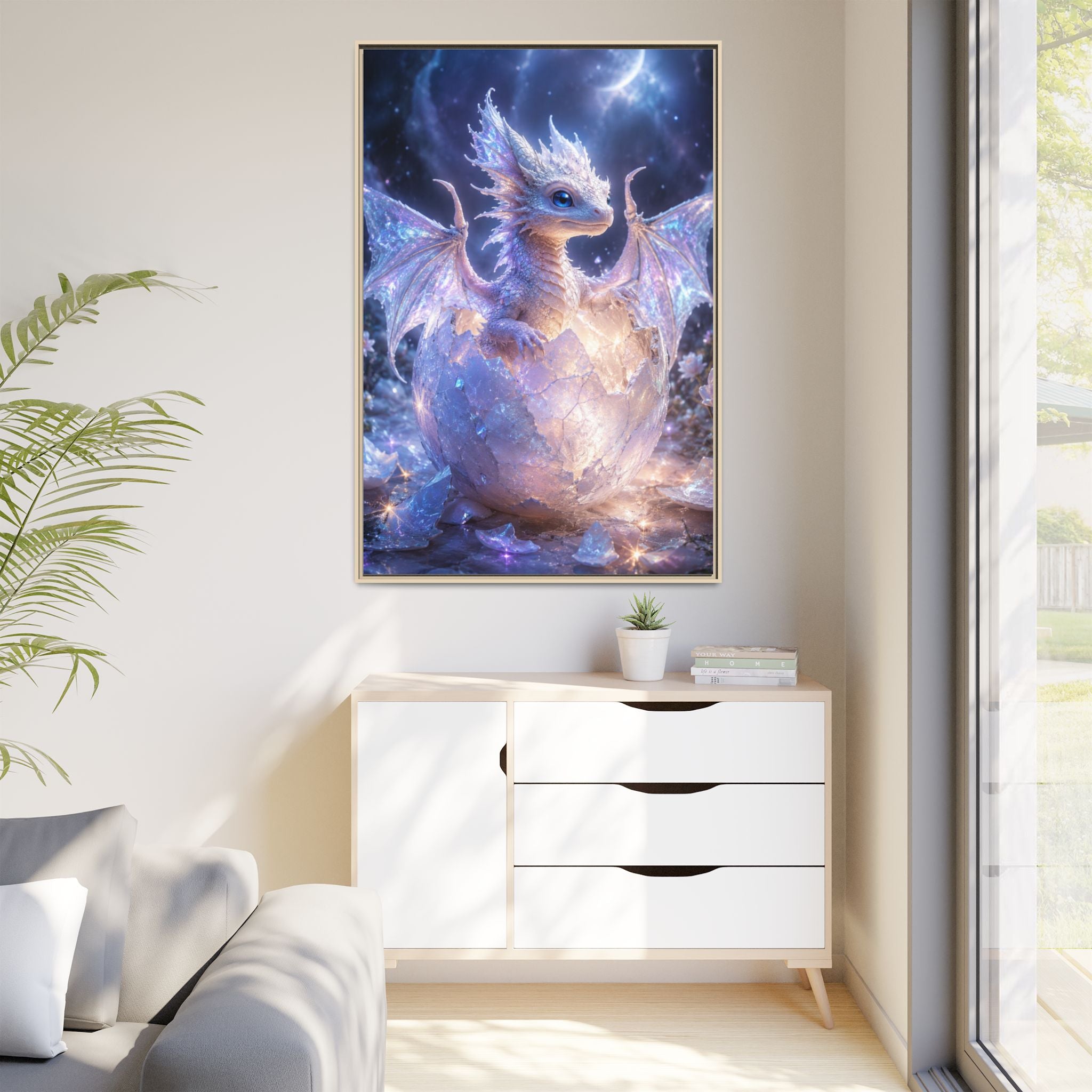 Framed Fantasy Dragon Canvas Print — Mystical Baby Dragon in Cracked Egg Wall Art