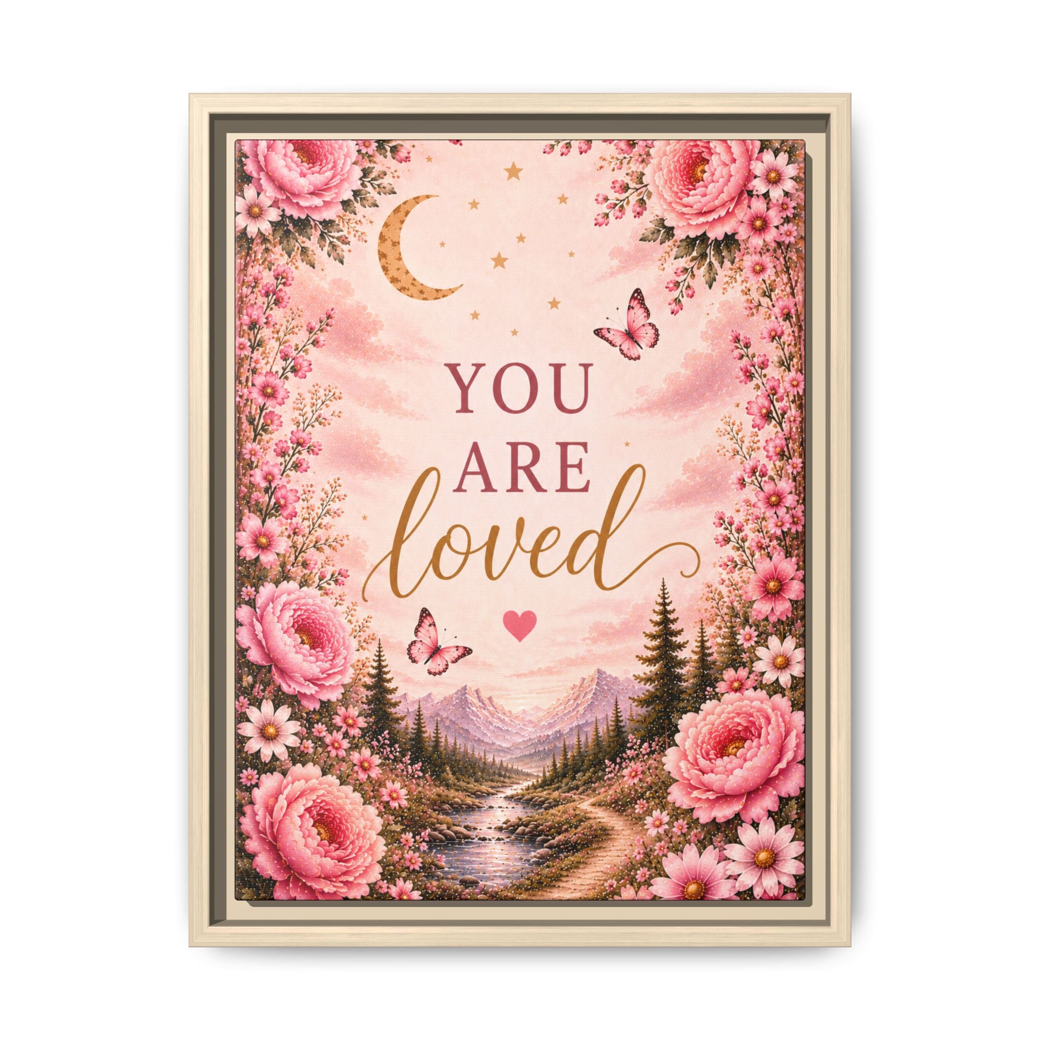 You Are Loved wall art Framed Canvas | Floral moon landscape print