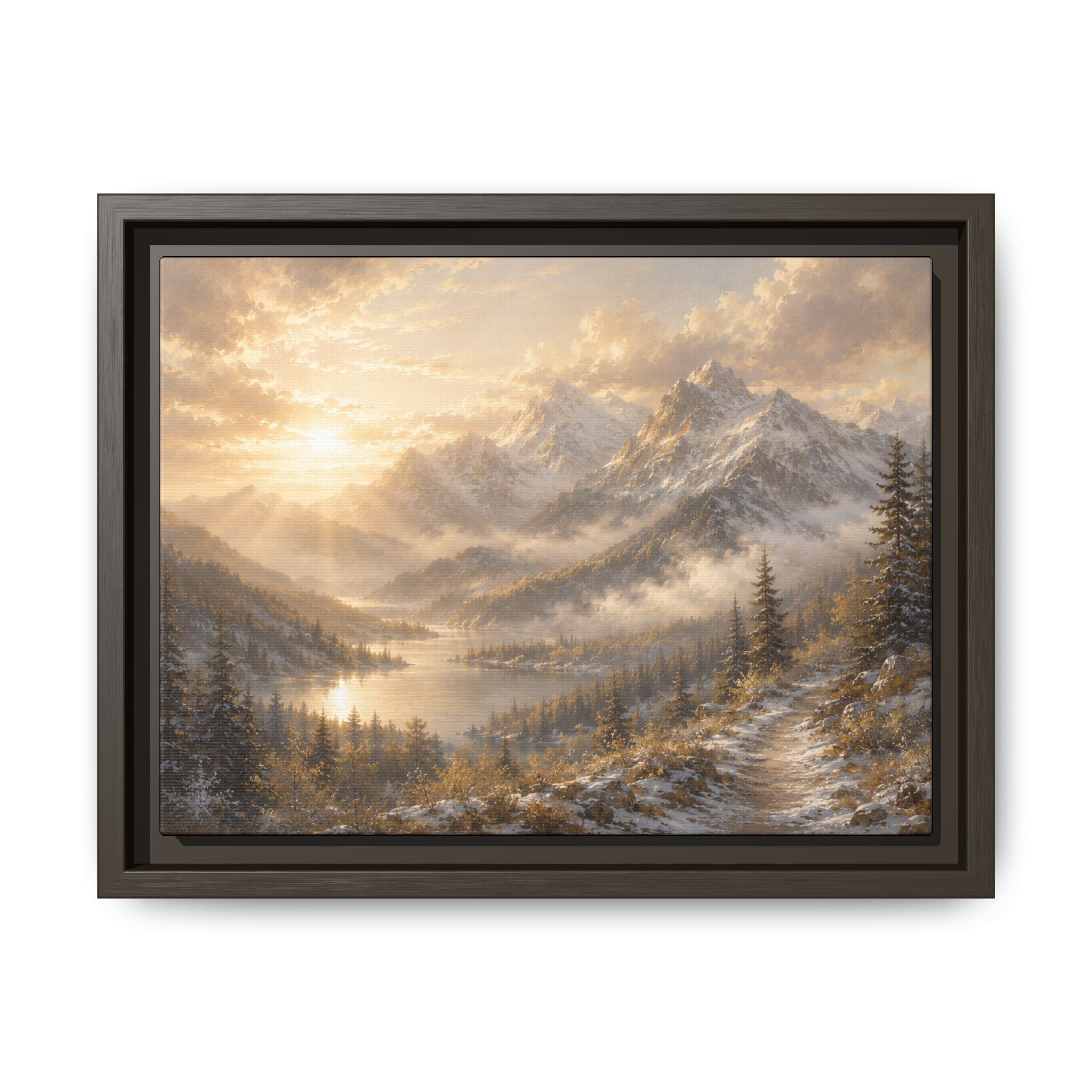 Golden Mountain Mist Framed Canvas Print — Framed Landscape Wall Art