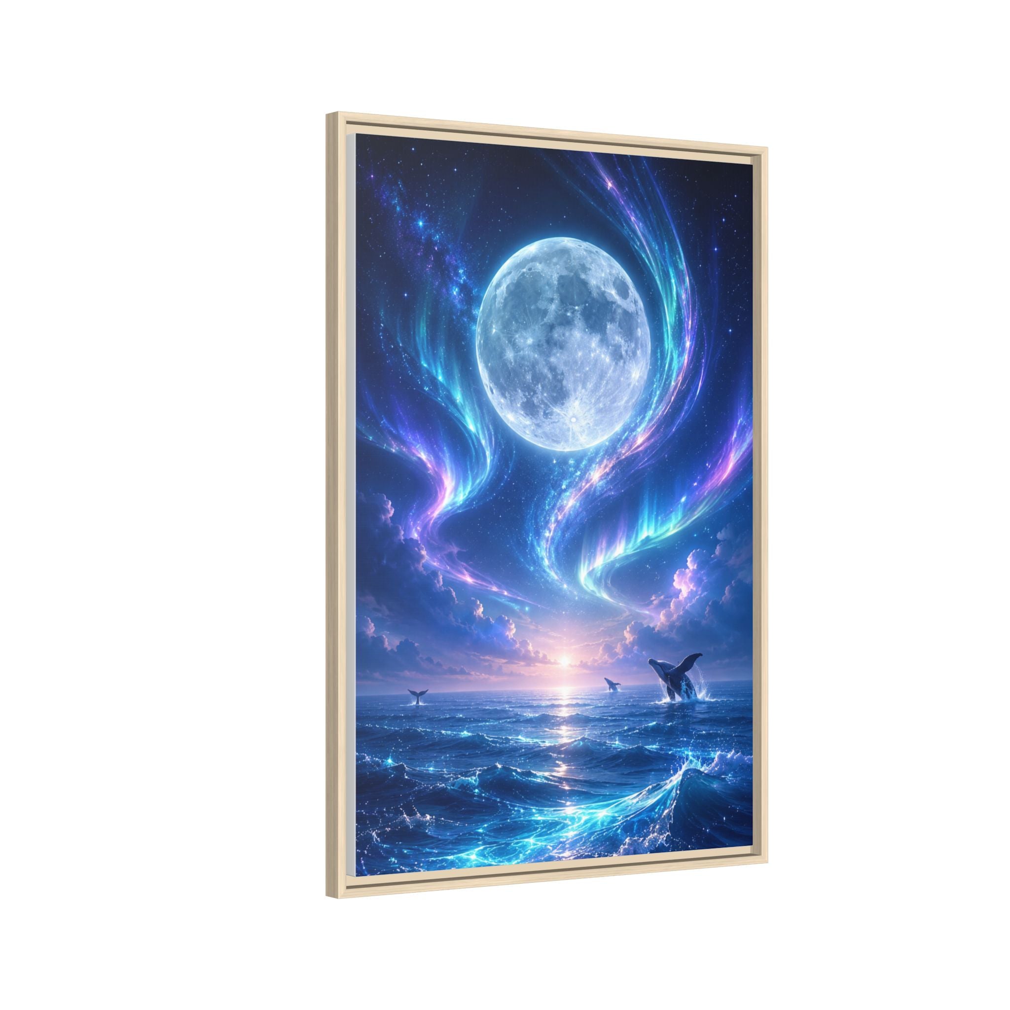 Framed Canvas Art - Lunar Aurora Ocean Scene