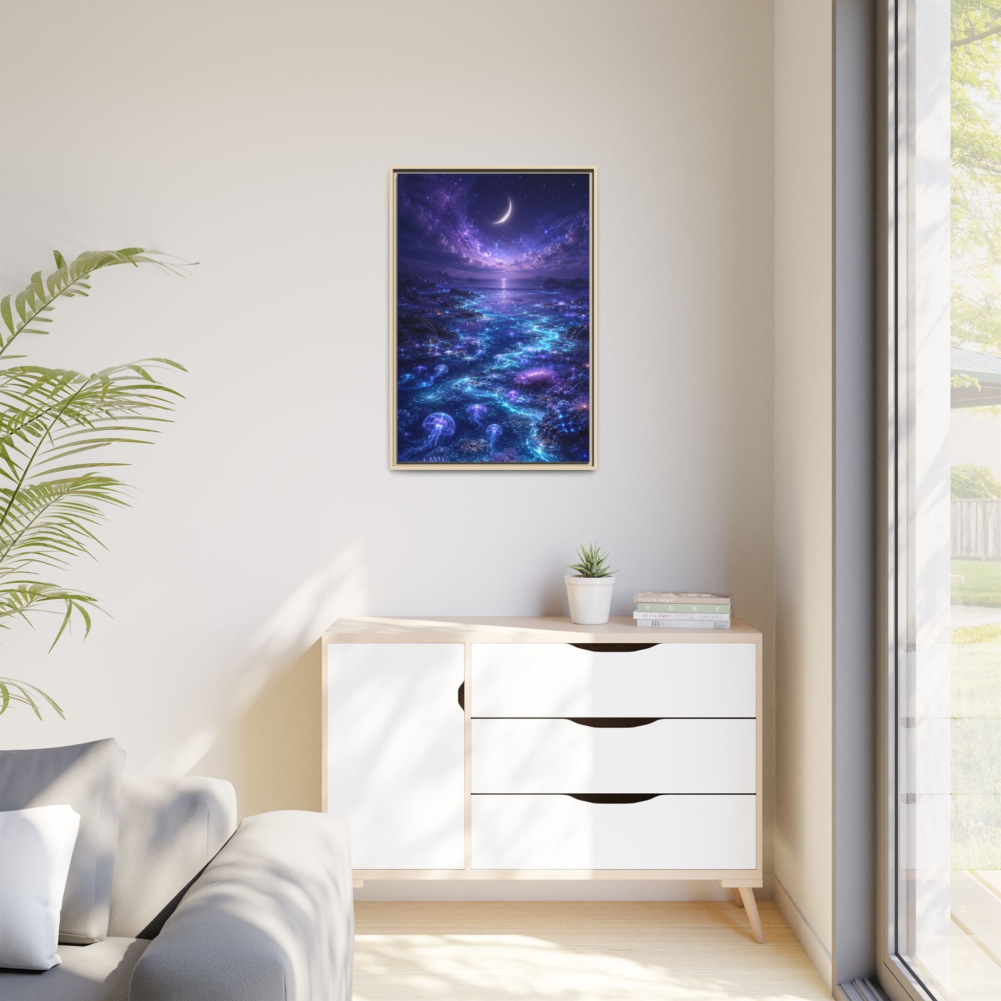 Framed Canvas Art — Bioluminescent Moonlit Ocean Scene