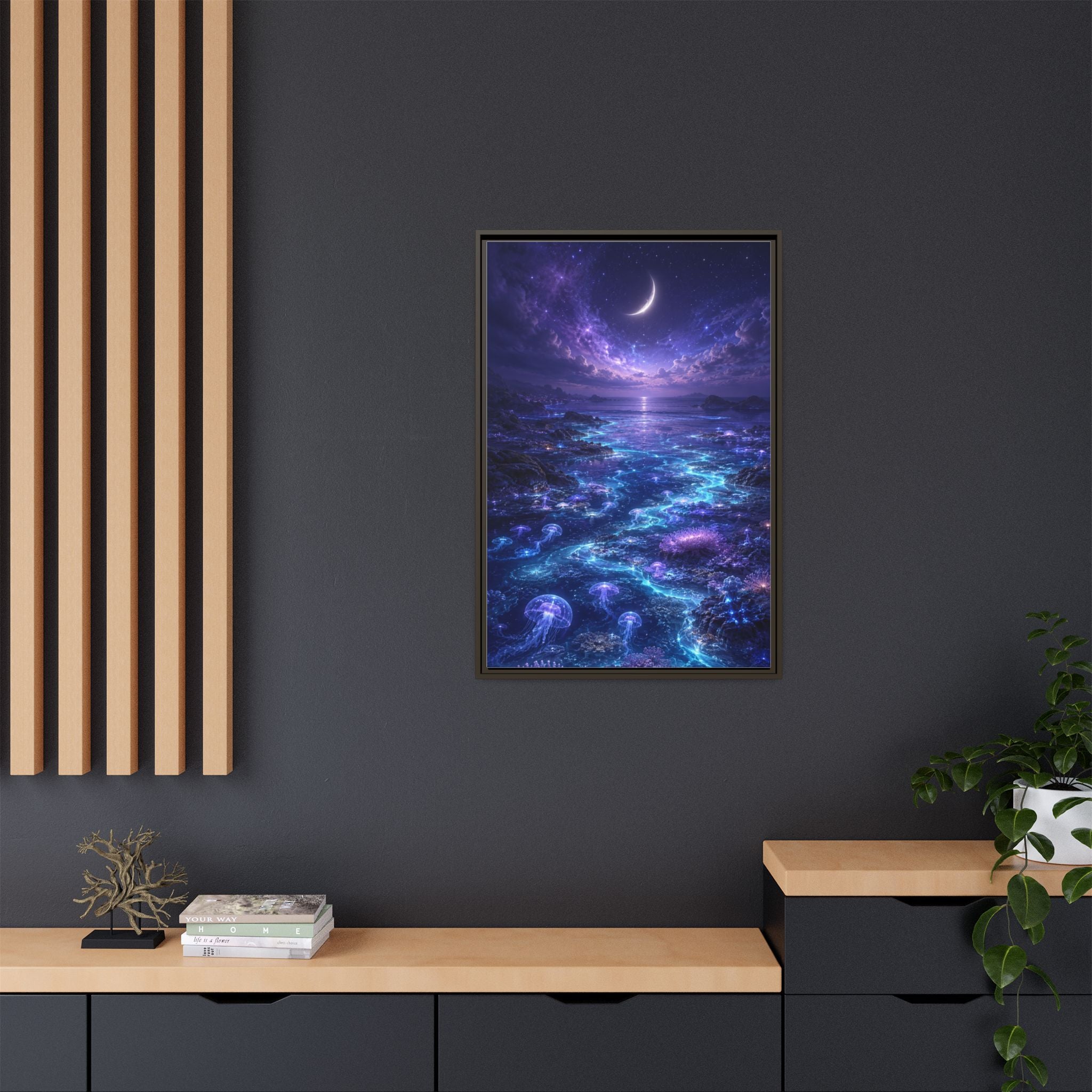 Framed Canvas Art — Bioluminescent Moonlit Ocean Scene