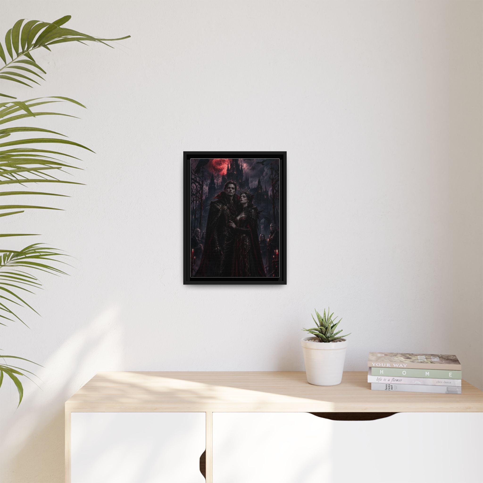 Vampire Couple Matte Framed Canvas Art – Gothic Red Moon Wall Decor
